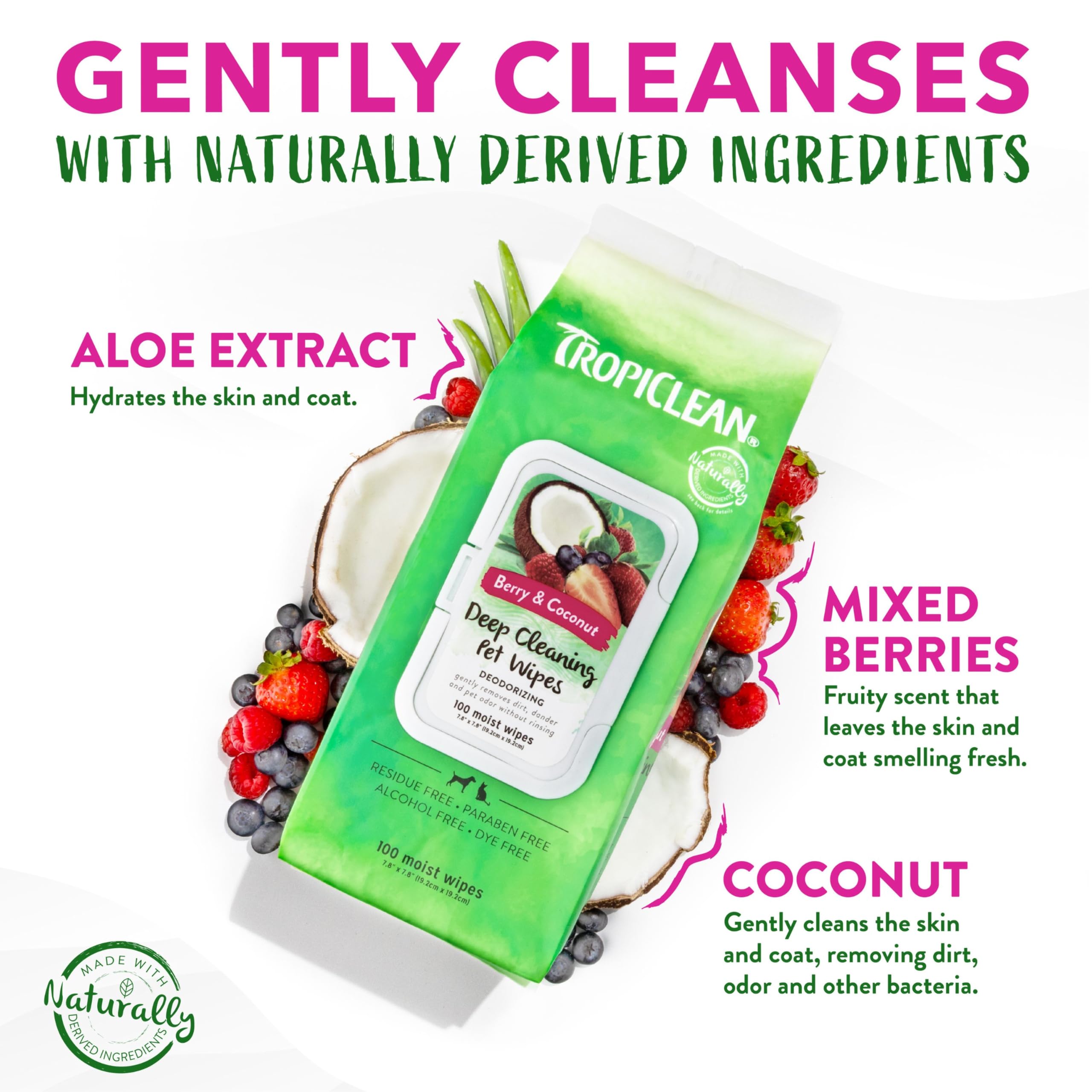 Tropiclean Berry & Coconut Dog Wipes For Paws And Butt | Deep Cleaning Dog Grooming Wipes | Safe For The Face | Cat Friendly | 100 Count
