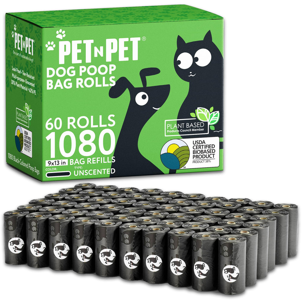 Pet N Pet 1080 Counts Black Poop Bags for Dogs, 38% Plant Based & 62% PE Extra Thick Dog Poop Bags Rolls, 9'' x 13'' Unscented D