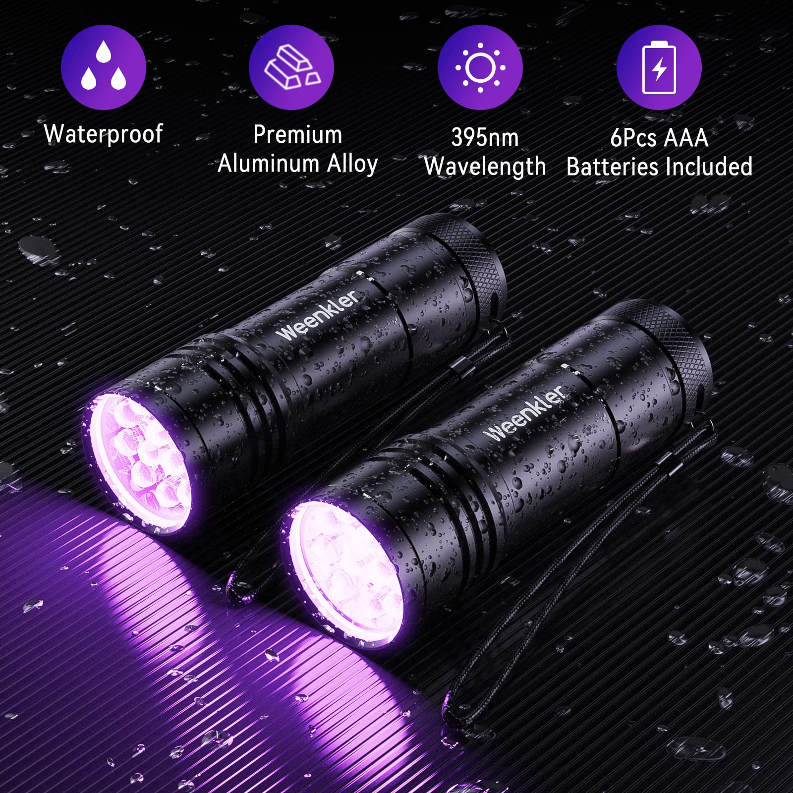 Kizplays Uv Flashlights, 2 Pack Black Light Flashlights With 12 Led And 395 Nm Black Light For Pet Urine And House Stains Detecting, 6 Aaa Batteries Included