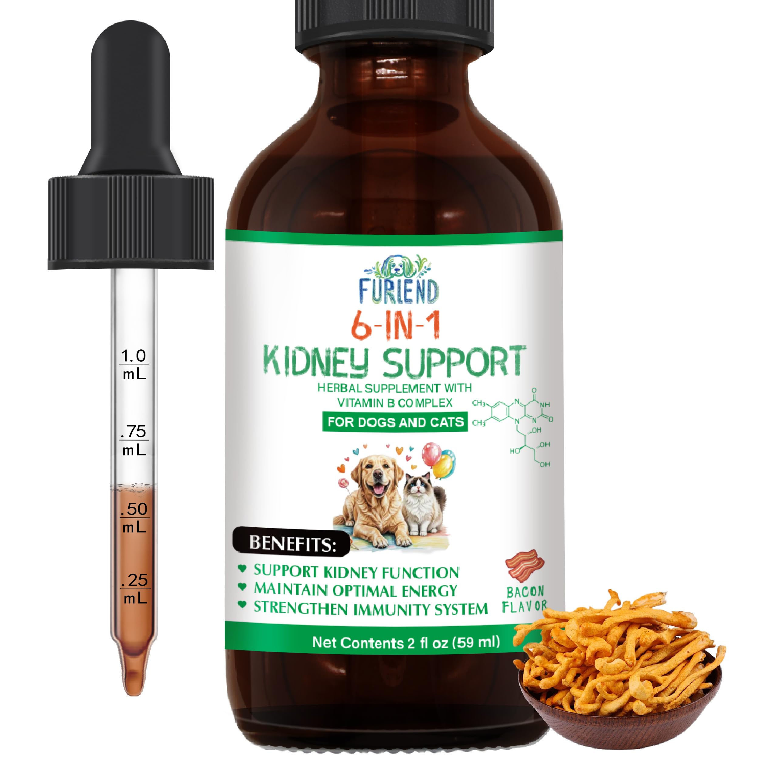 Veterinarian Formulated Kidney Support for Cats & Dogs | 6-in-1 Liquid with Herbal Blend + Vitamin B Complex | Bacon Flavor for 