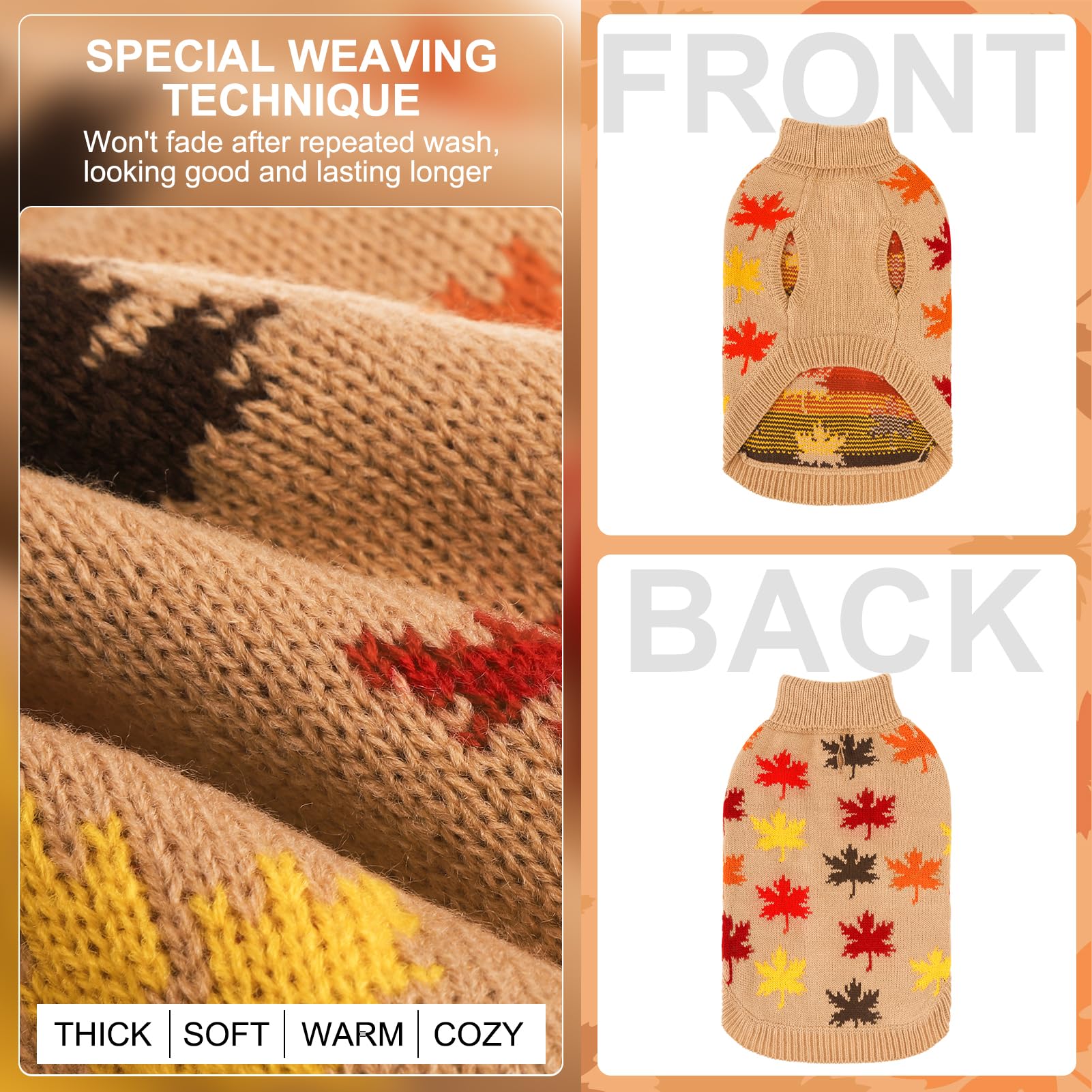 Beautyzoo Fall Sweater - Small Dog Sweaters For Girls & Boys, Turtleneck Knitwear In Cold Weather, Maple Leaf Cable Knit Puppy P