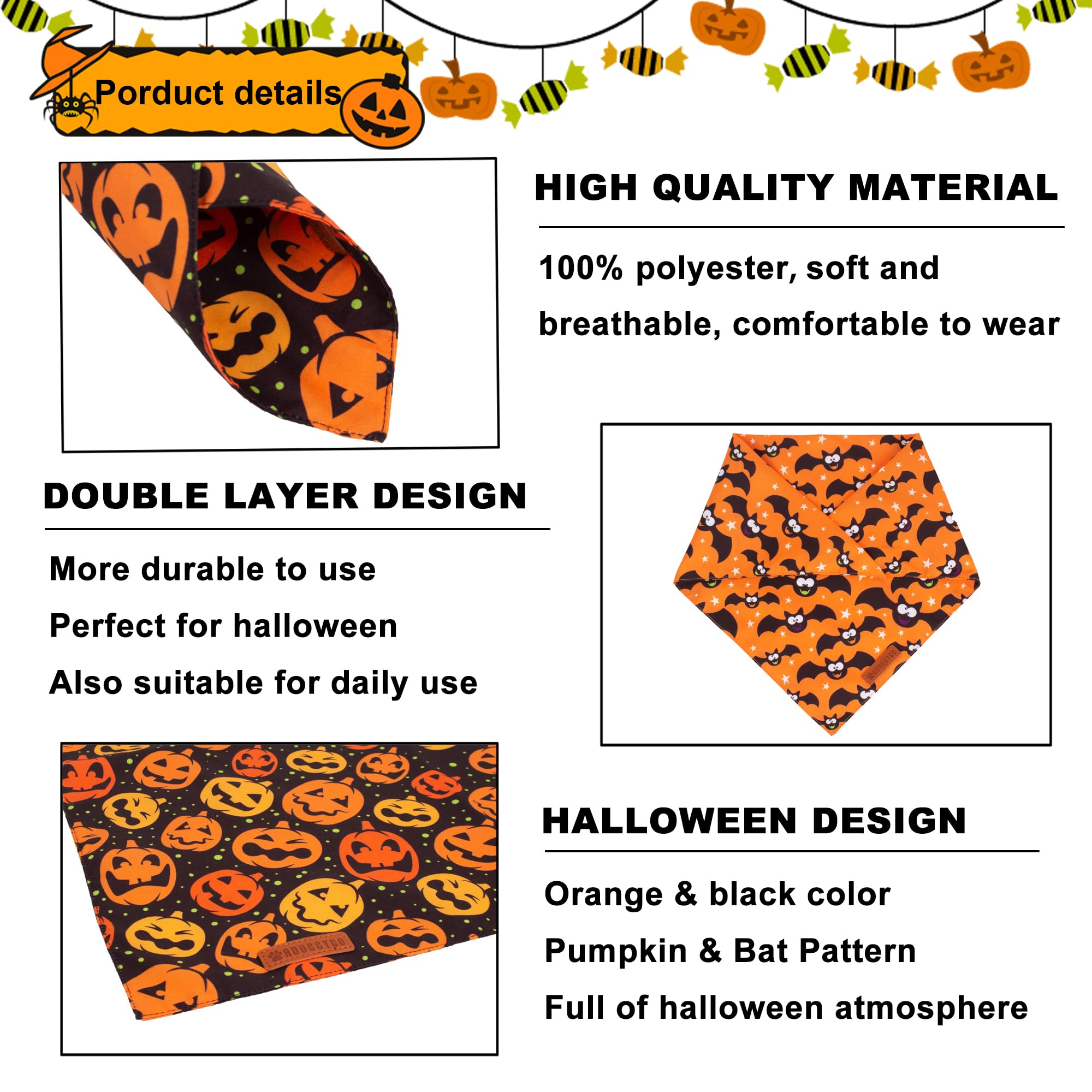 ADOGGYGO Halloween Dog Bandana, Pumpkin Bat Pet Scarf, Premium Durable Fabric, Adjustable Fit Halloween Bandanas for Large and E