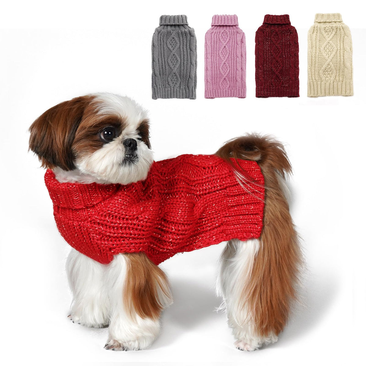 Kyeese Christmas Dog Sweaters For Small Dogs Turtleneck Dog Cable Knit Pet Sweater With Golden Thread For Cold Weather, Red, Med