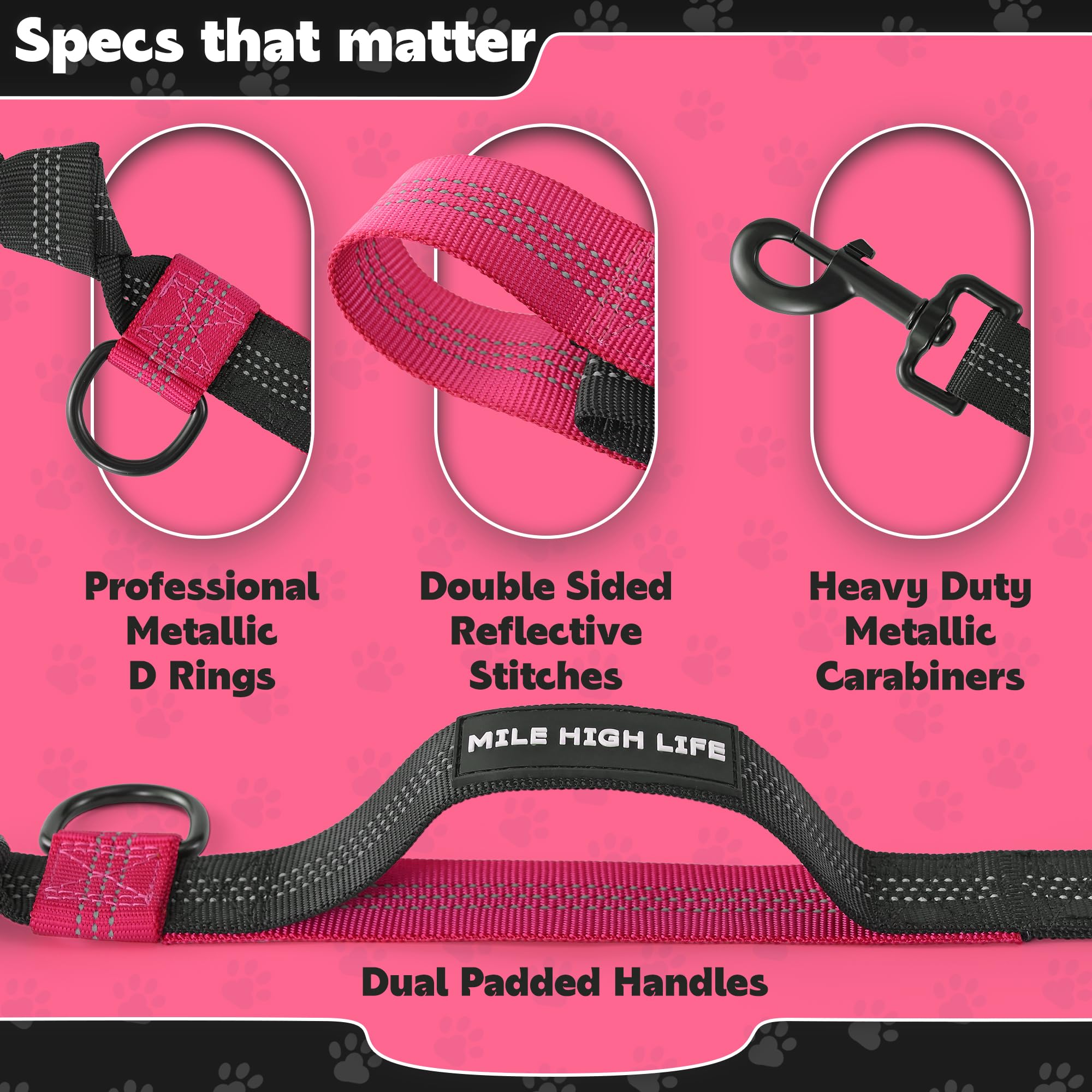 Mile High Life | Retractable Hands Free Dog 7Ft Leash | Waist Running Adjustable | Reflective Dual Black Bungees | Dual Handles | Small Medium Large Dogs | (Hot Pink)