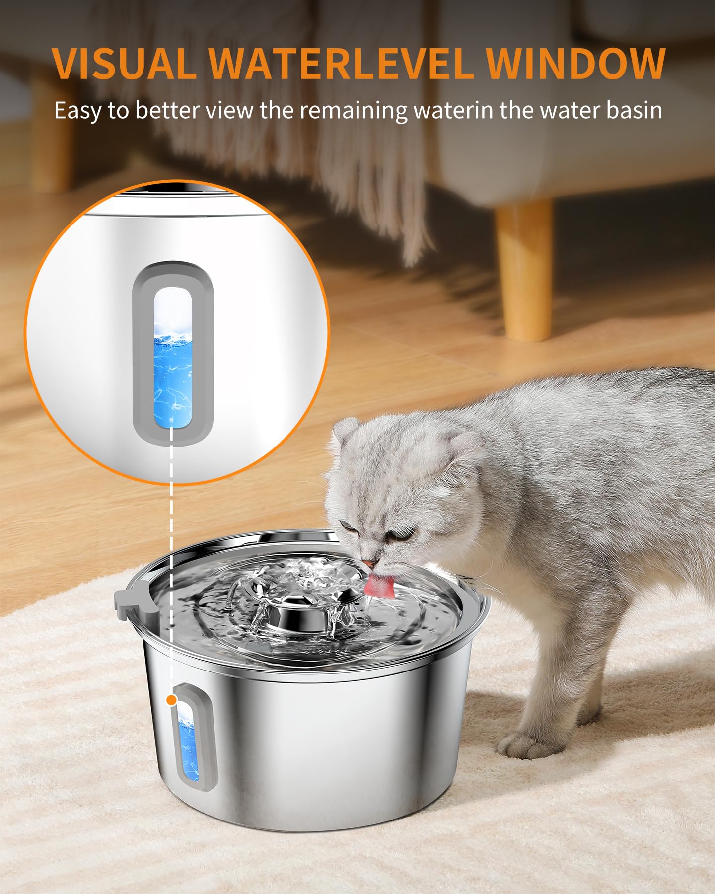 Cat Water Fountain,3.2L/108Oz Cat Fountain With Water Level Window,Stainless Steel Pet Water Drinking Fountain For Cats Inside,Q