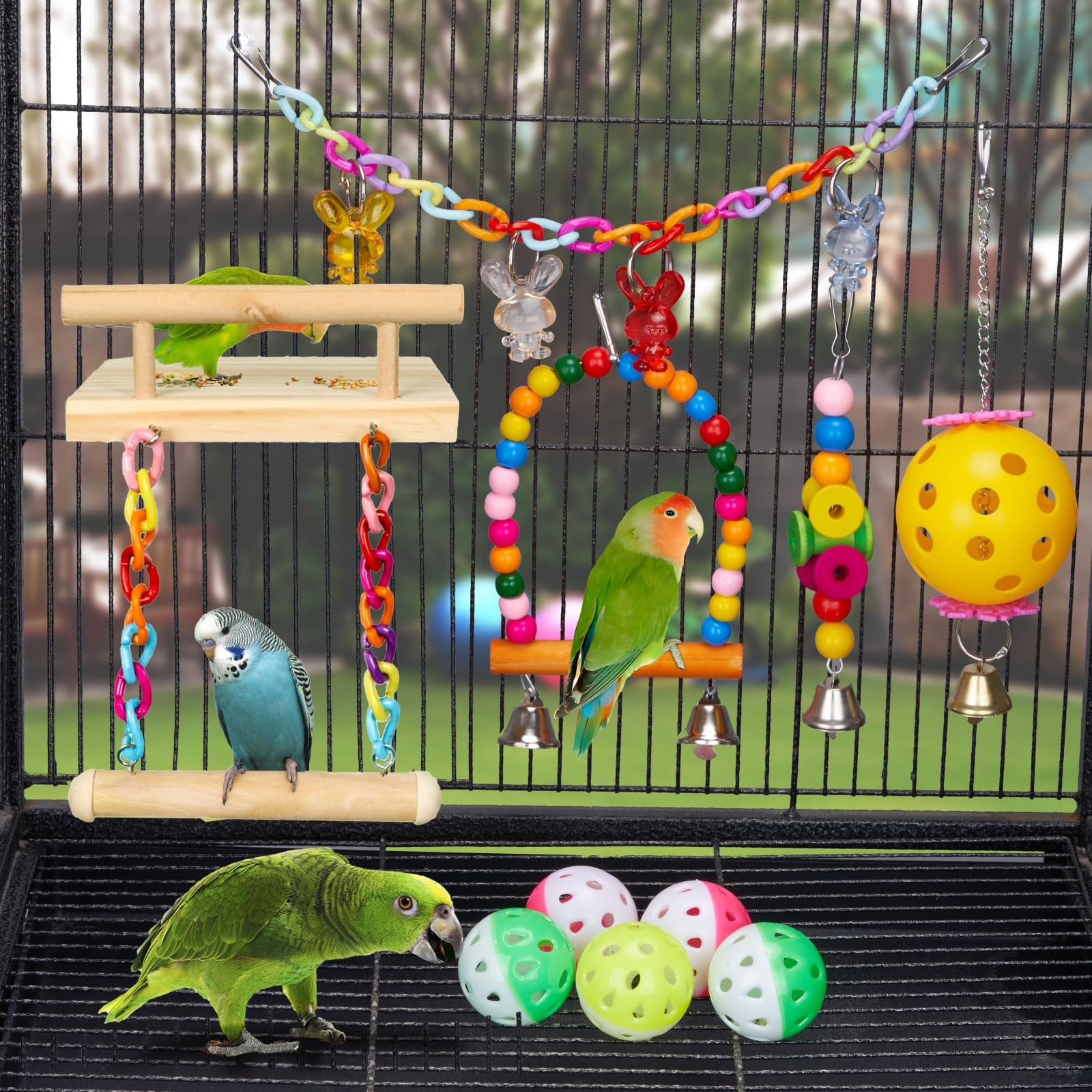 Frgkbtm 11Pcs Bird Parakeet Toys Wooden Bird Platform Stands Swing Hanging Chewing Toy Parrot Climbing Ladder Colorful Bird Cage