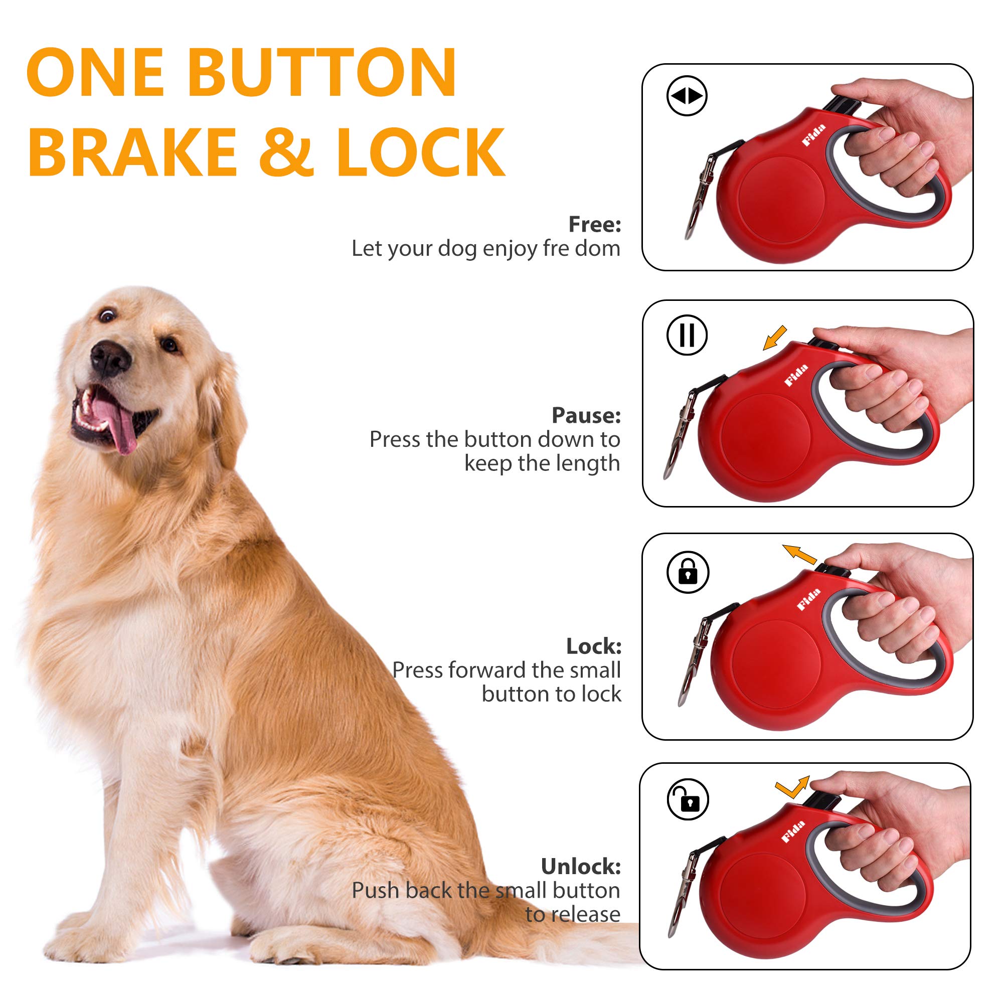 Fida Retractable Dog Leash For Large Breed Up To 110 Lbs, 16 Ft Heavy Duty Pet Walking Leash With Dispenser And Poop Bags, Anti-Slip Handle, Reflective Strong Nylon Tape (L, Red)