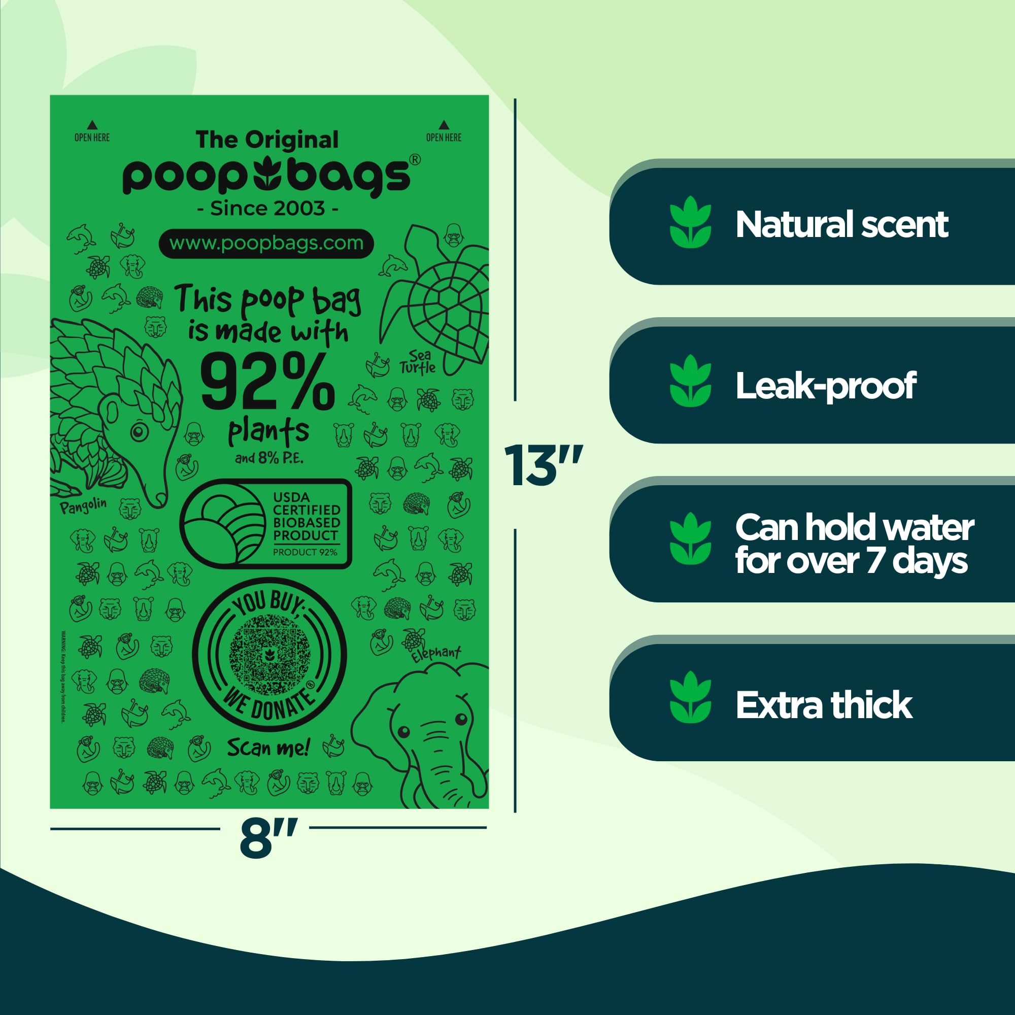 The Original Poop Bags 92% Plant-Based Dog Waste Bags, Leak-Proof & Heavy Duty, Extra Large Doggie Bags, Unscented, 200 Count
