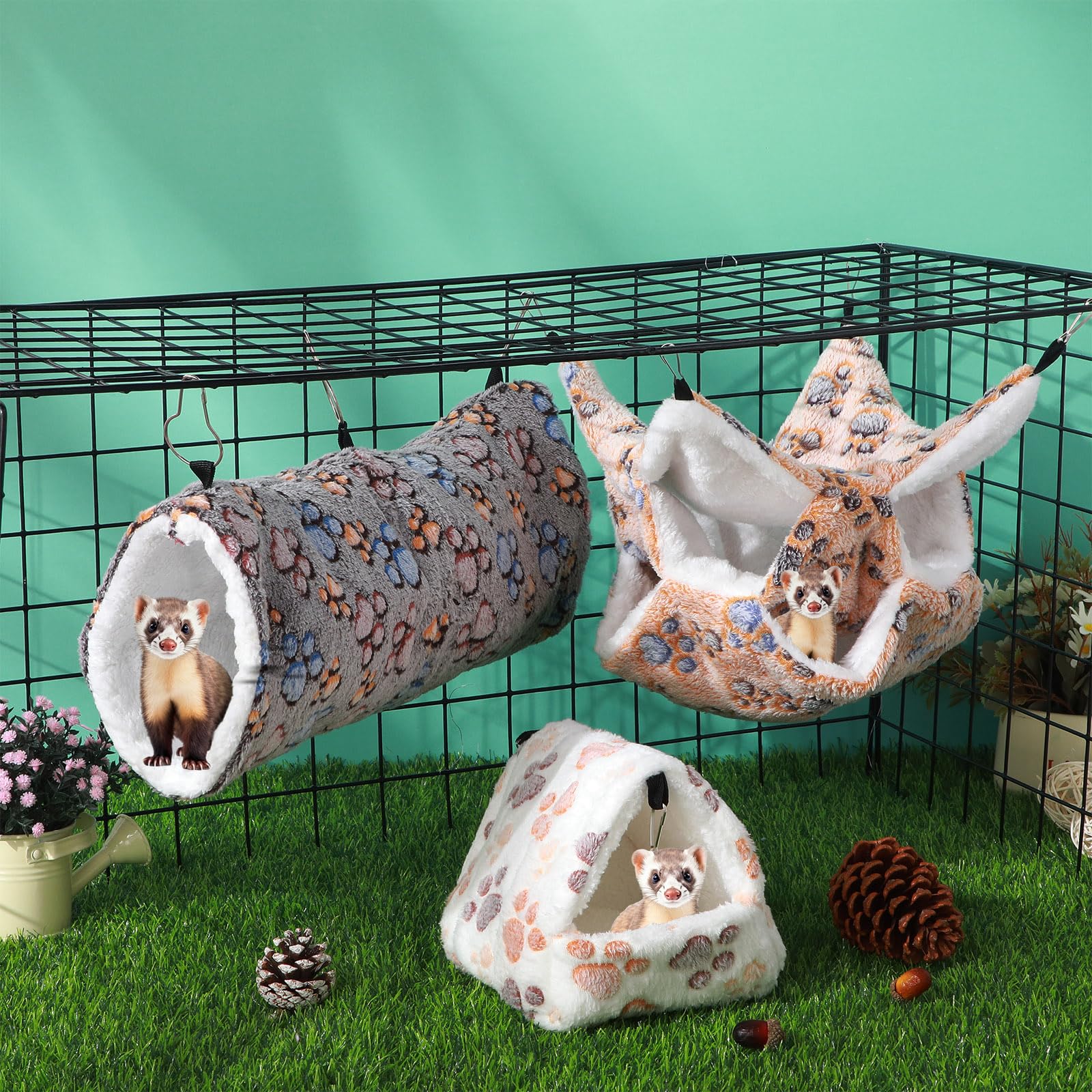 Abbylike 9 Pieces Rat Hammock Guinea Pig Ferret Hammocks Small Pet Hanging Tunnel Glider Toy Guinea Pig Ferret Hideout Bed Cage