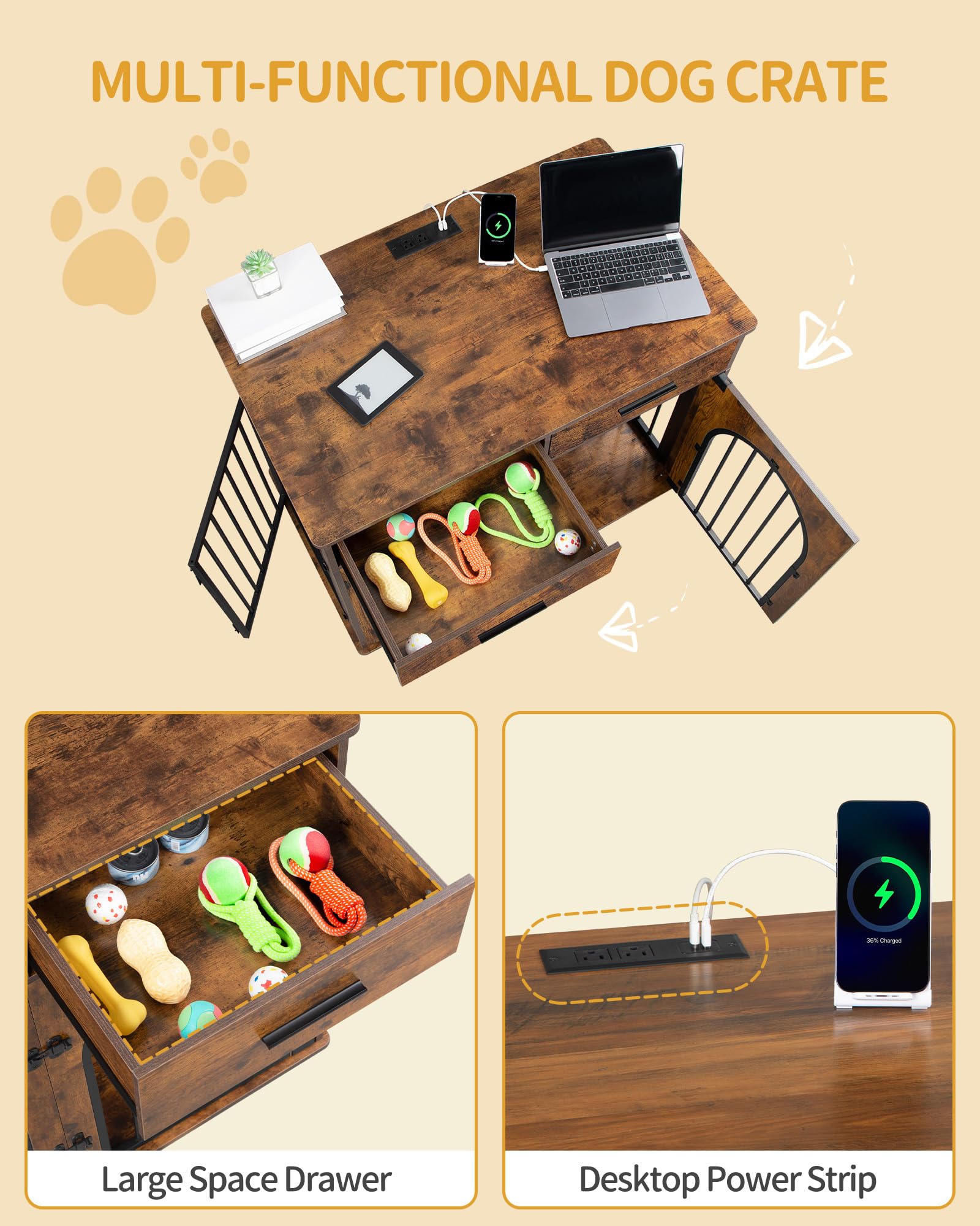 Hzuaneri 39.4 Dog Crate Furniture with 2 Drawers, Indoor Dog Kennel with Charging Station, Wooden Dog Cage Side End Table Kenn