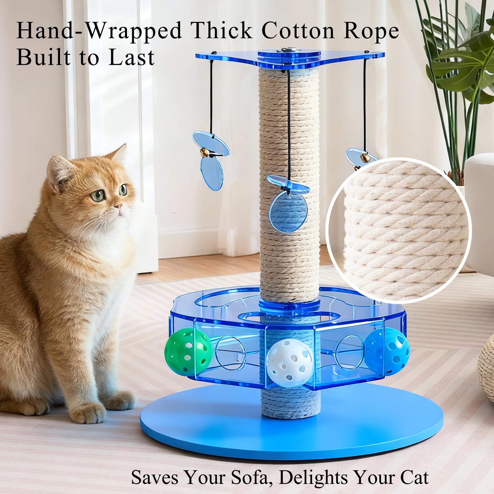 Kicari 3-in-1 Interactive Cat Toy with Scratching Post, Acrylic, Blue, 11.42"x11.42"x13.19", Model Blue-001, Rotating Puzzle