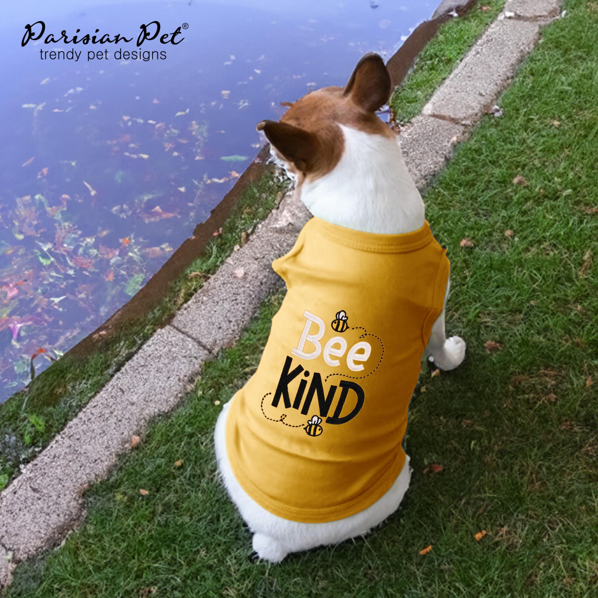 Parisian Pet Dog Tshirt - Embroidered Bee Kind Dogs Clothes - Lightweight Dog Tank Top - 100% Cotton, Sleeveless Doggy Tee Shirt