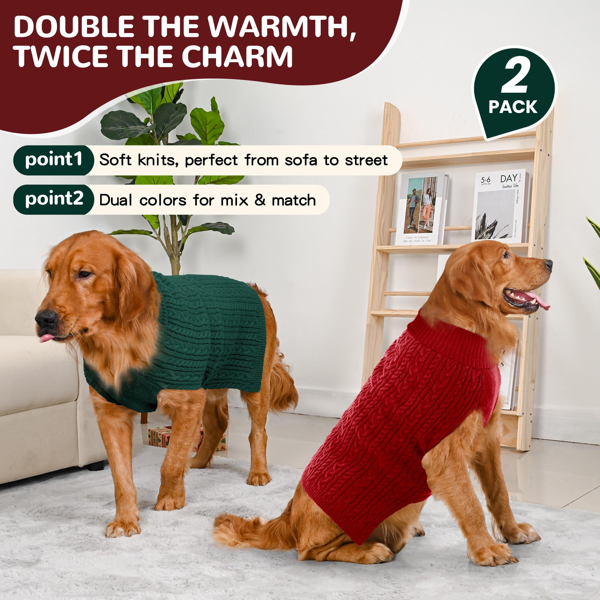 Lorehelina 2 Pack Dog Sweaters for Large Dogs Winter Turtleneck Pullover Cable Knit Fleece Stretch Pitbull Labrador Golden Retri