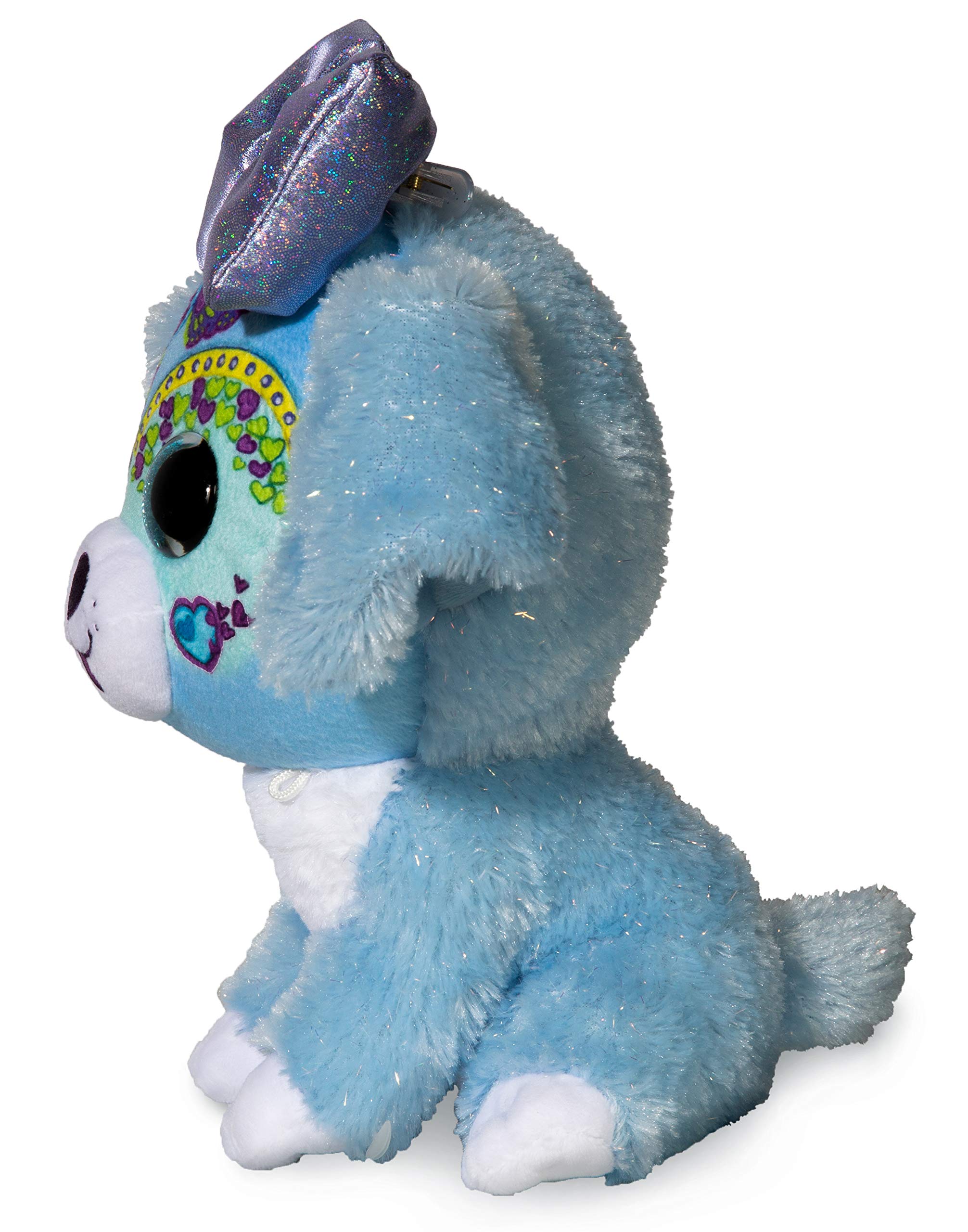 Little Bow Pets Stuffed Animals - Large Soft Fluffy Plush Blue Puppy Dog Heart Bow Pet With Purple Sparkle Surprise Bow - 2 Surprise Toys Inside Bow