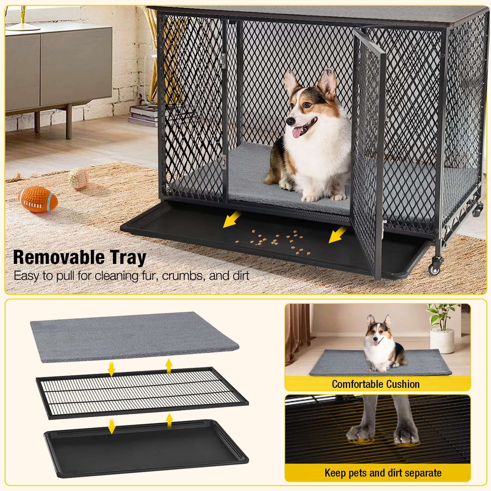 Aivituvin Dog Crate Furniture Movable Side End Table Indoor Dog Kennel For Small Medium Large Dogs Double-Doors Wooden Dog House