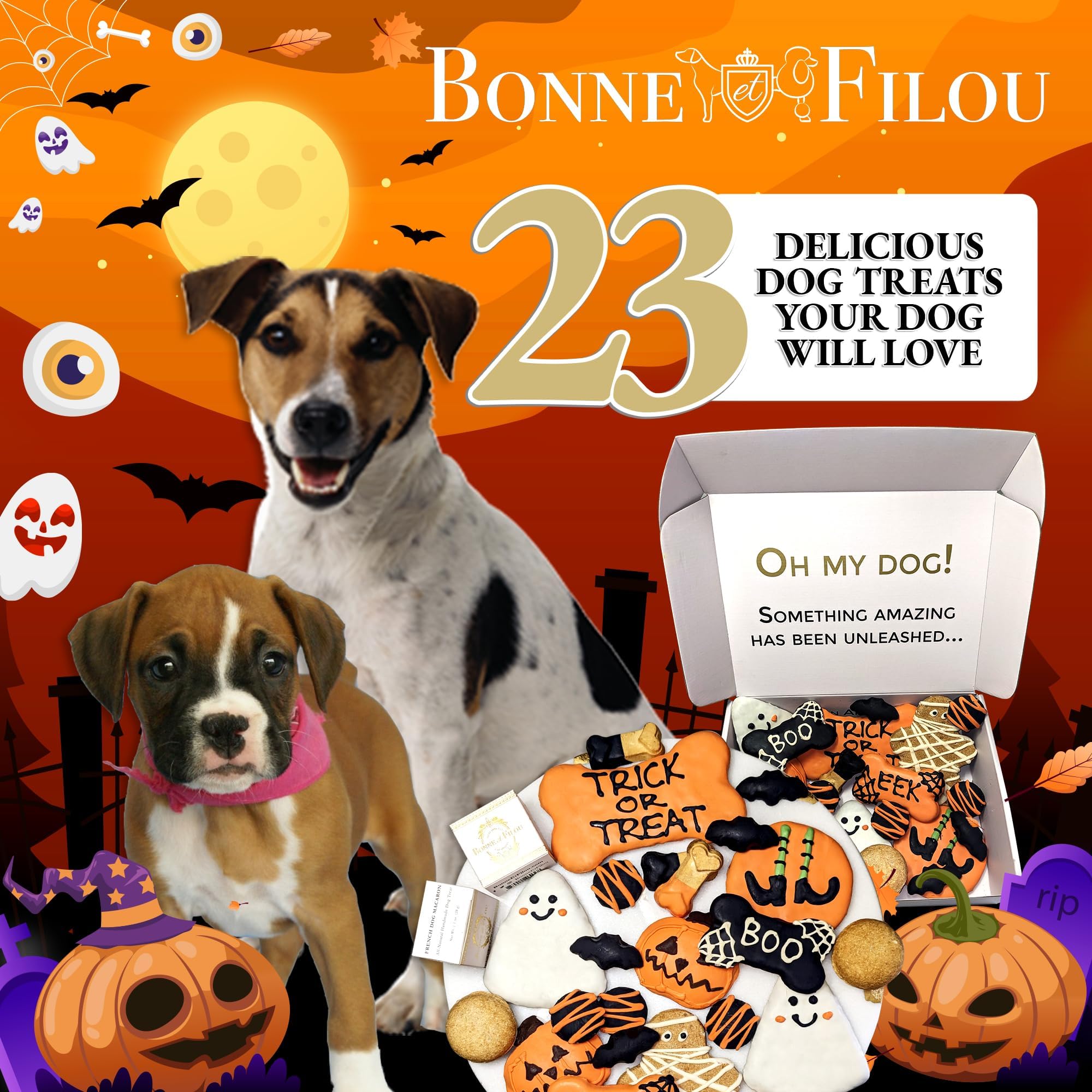 Bonne et Filou Halloween Dog Treats Gift Box Human Grade Gourmet Dog Treats 23 Luxury Spooky Dog Treats Delights with Macarons,