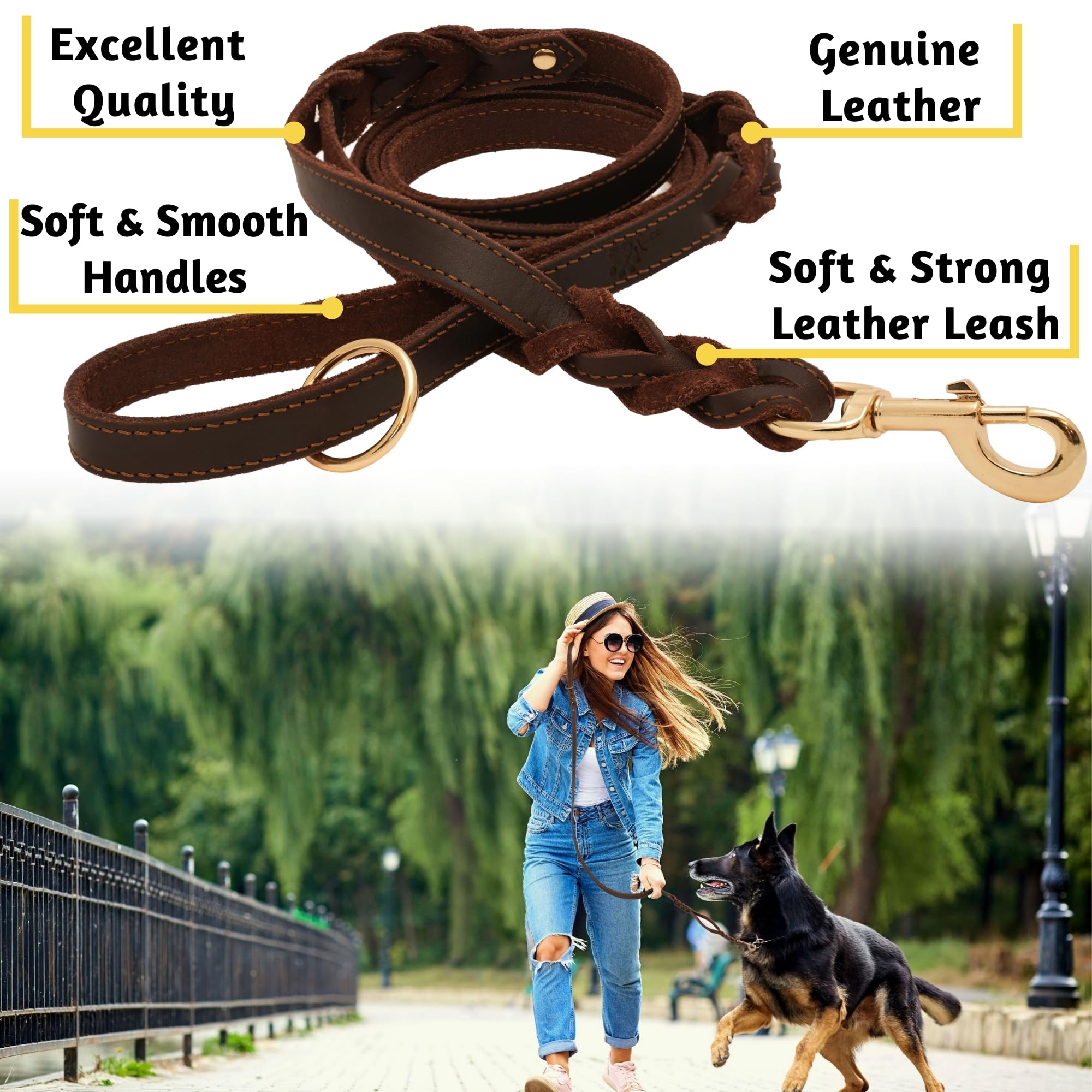 Adityna Double Handle Leather Dog Leash 6Ft - Heavy Duty Braided Leash With Traffic Handle - Lead For Training And Walking Medium & Small Dogs