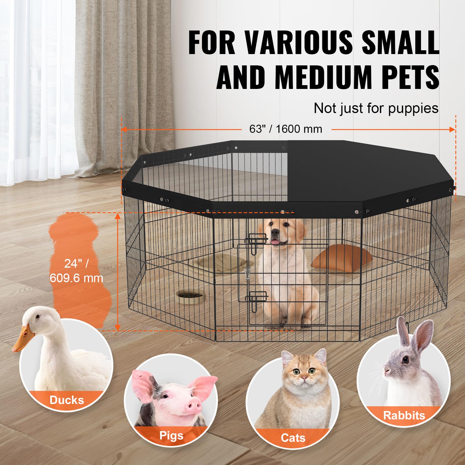 VEVOR Dog Playpen, 8 Panels Foldable Metal Dog Exercise Pen with Top Cover, 24 H Pet Fence Puppy Crate Kennel with Ground Stakes