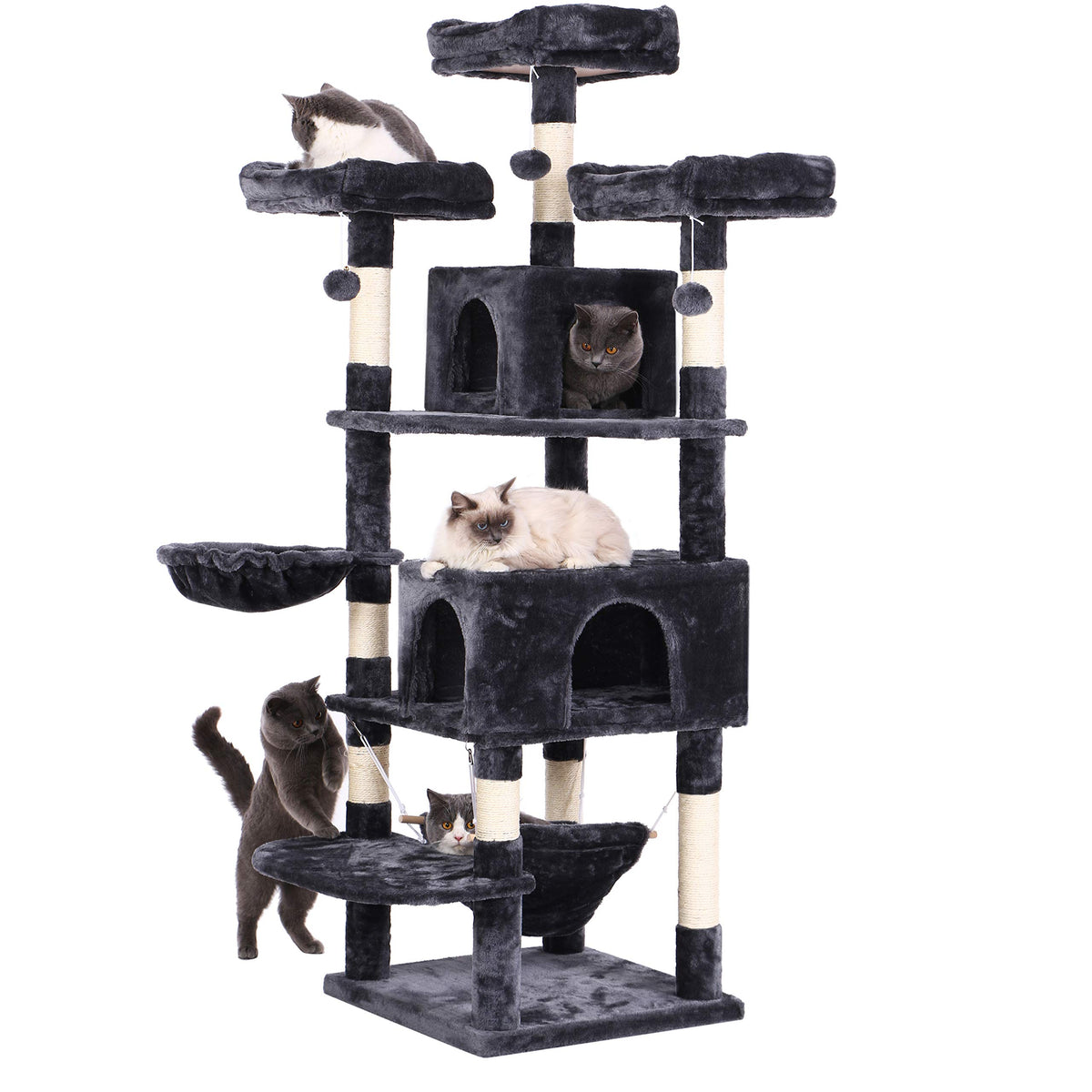 Bewishome Cat Tree 66.3 Inch Multi-Level Large Cat Tower With Plush Top Perches, Sisal Scratching Post Cat Play House Kitty Activity Center Mmj14H