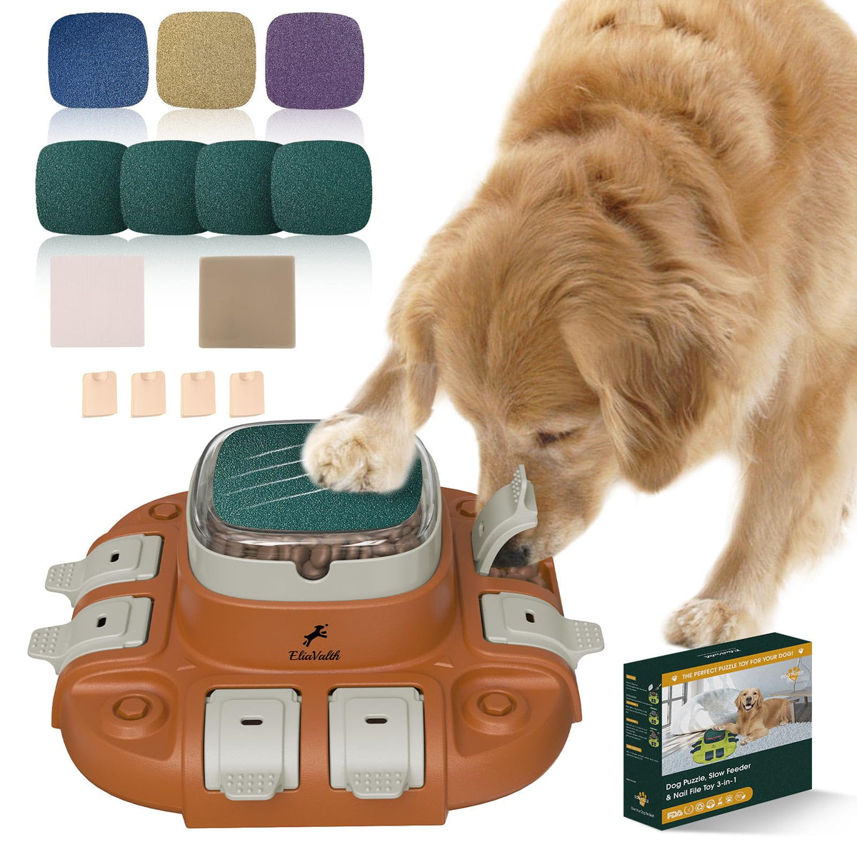 Eliavalth Dog Puzzle, 3-In-1 Dog Toy: Puzzle, Slow Feeder Dog Bowls & Dog Nail File Orange