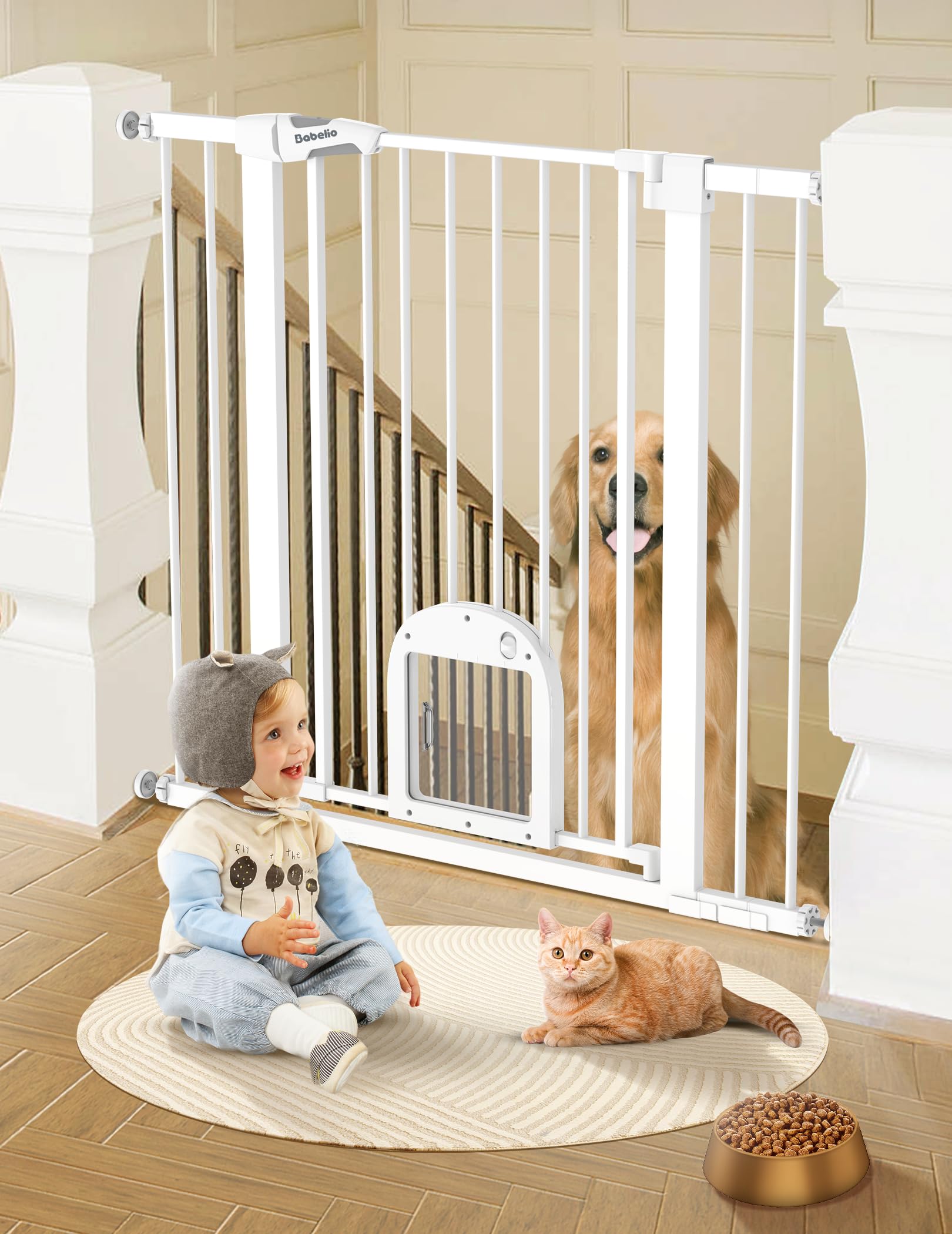 Babelio 36' Tall Upgraded Baby Gate With Cat Door, 29-43' Auto Close Durable Dog Gate For Stairs, Doorways And House, Easy Walk Thru Safety Gate With Pet Door Includes 4 Wall Cups, White