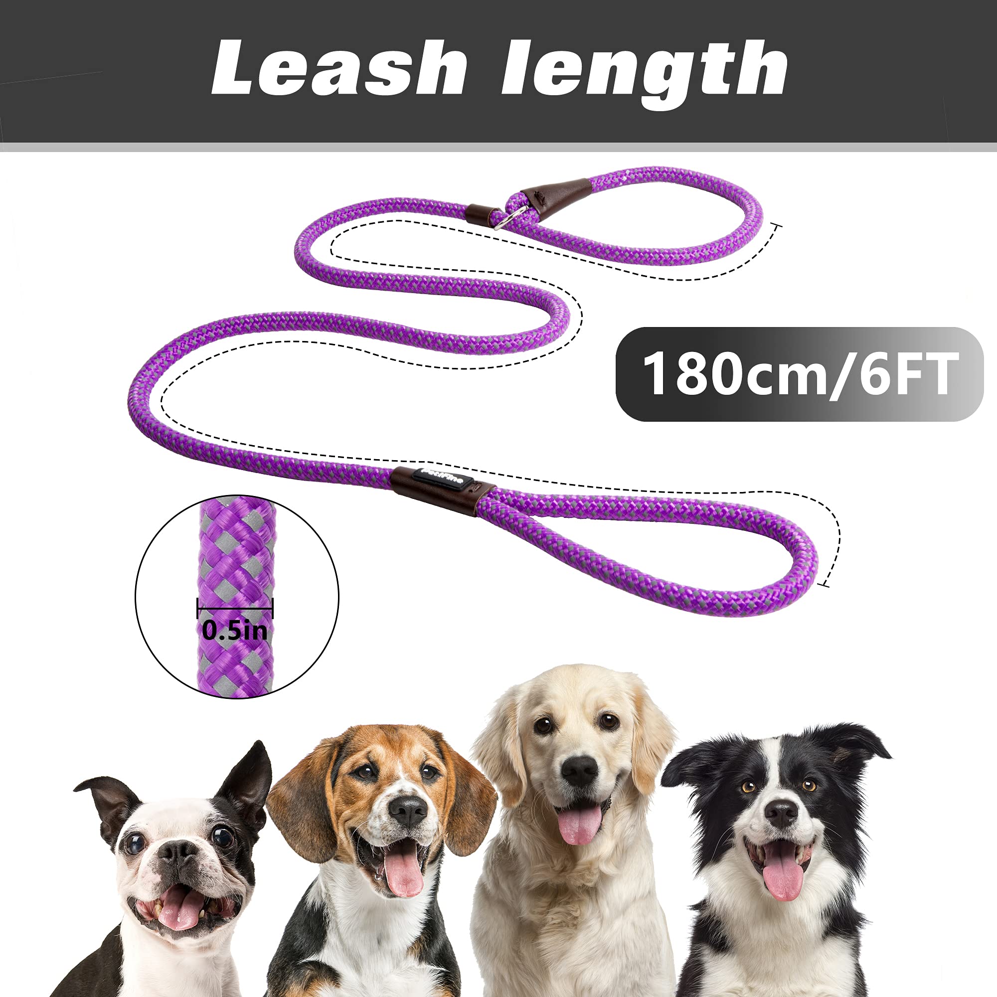 Petifine Slip Lead Dog Leash, Full Reflective Slip Knot Dog Training Leashes, Heavy Duty Adjustable Pet Nylon Slip Loop Leash For Small Medium Large Dogs(Purple)