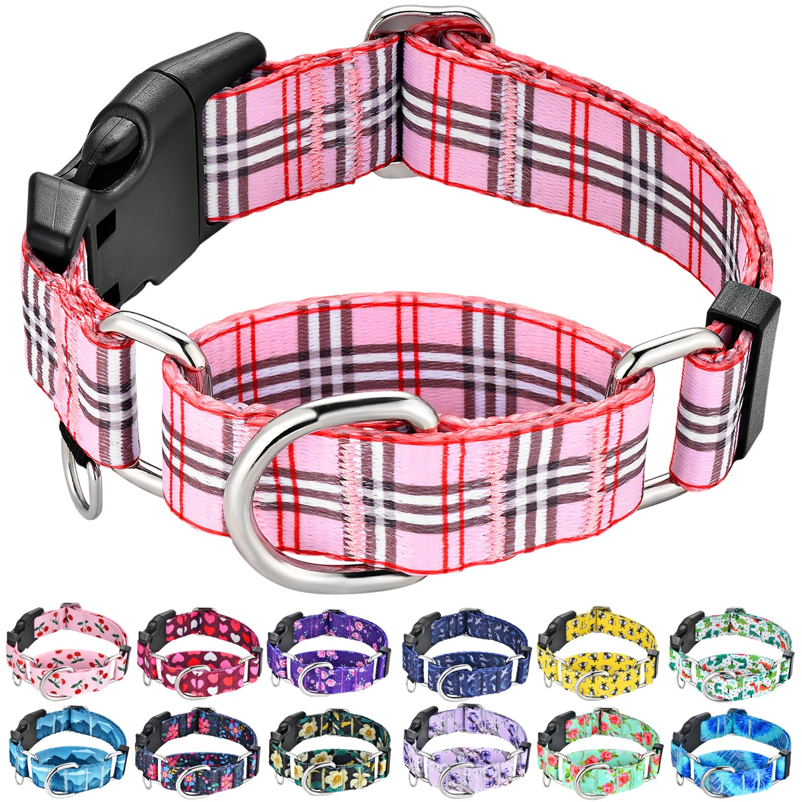 Fidohug Martingale Collar With Quick Release Buckle Cute Girl Female Training Dog Collars (Pink Plaid, Medium)