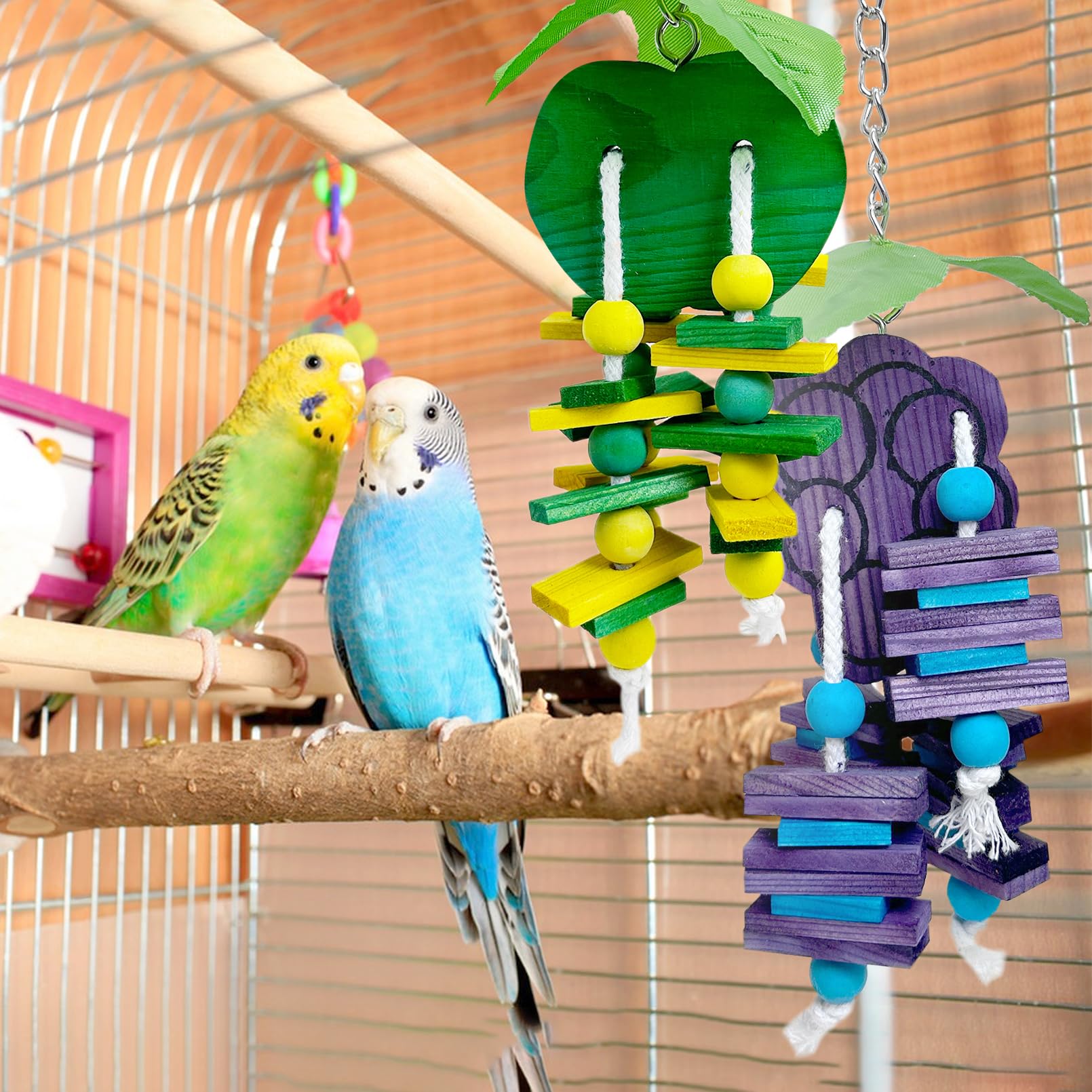 Hamiledyi Natural Wood Block Bird Cage Toys Parrot Chewing Toy Orange&Apple& Banana&Grapes Shaped Hanging Foraging Toy For Small