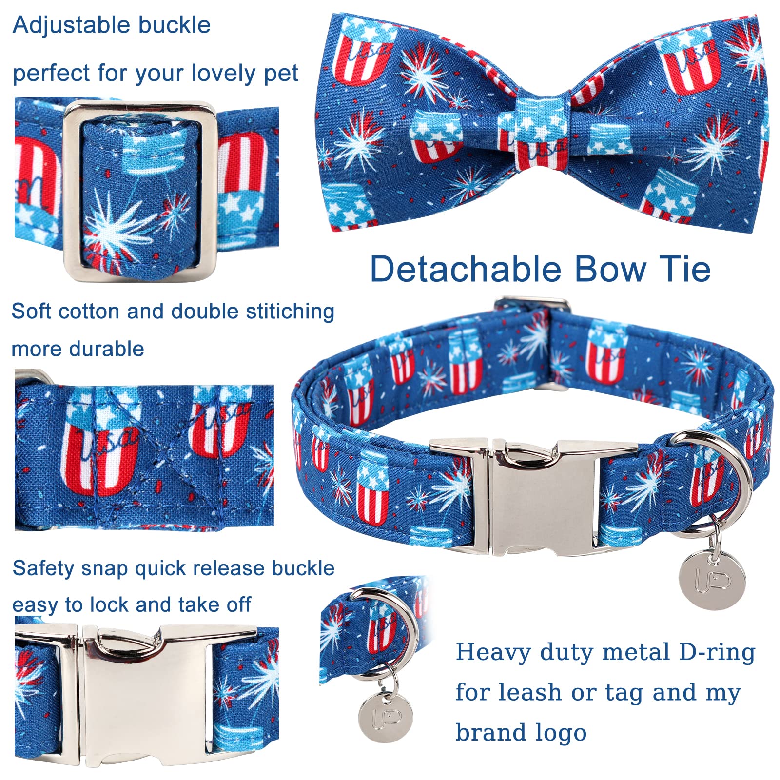 Up Urara Pup 4Th Of July Dog Collar With Bow Tie, Patriotic Bowtie Dog Collar, American Flag Collar For Large Boy Girl Dog, Comf