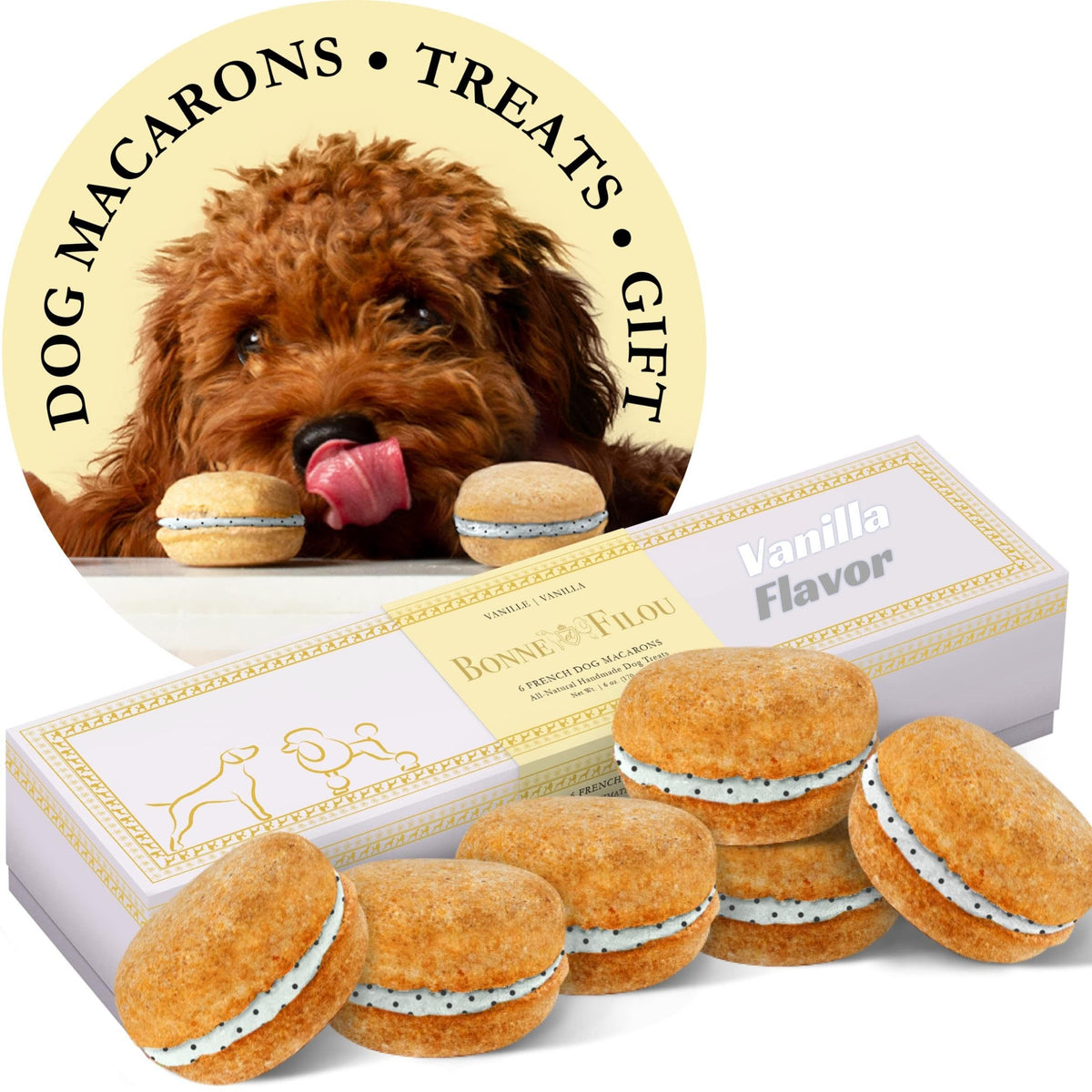 Bonne et Filou Dog Cake Macarons Gourmet Dog Treats Birthday Gift Human Grade Dog Treats Healthy and Delicious Snacks for Small to Large Dogs All Natural Macaron Dog Cakes Vanilla 6 Count