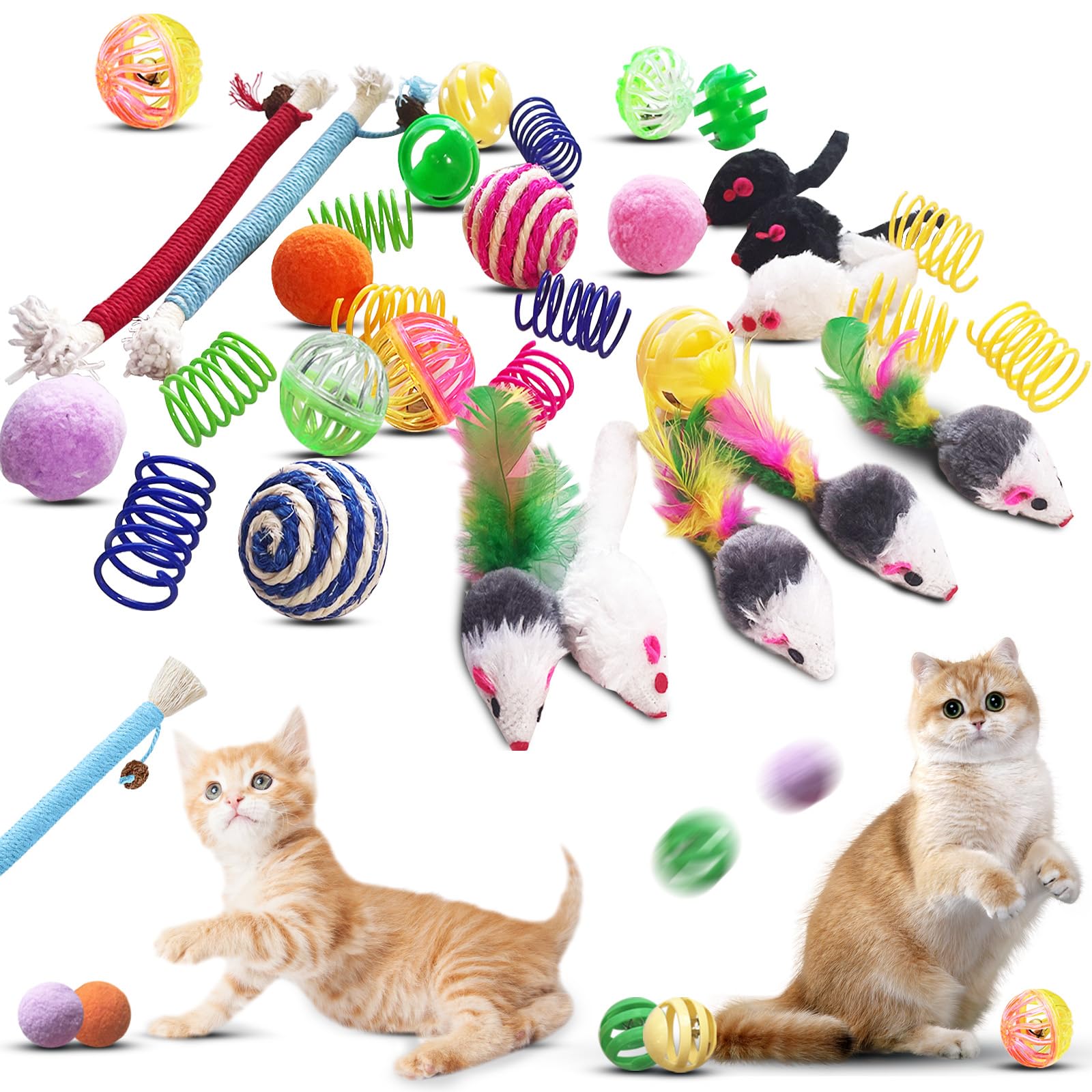 Yuloyi Cat Toys For Indoor Cats - 34 Packs Interactive Set With Colorful Springs, Mouse Toy, Catnip Ropes, Balls, Bells, And Sis