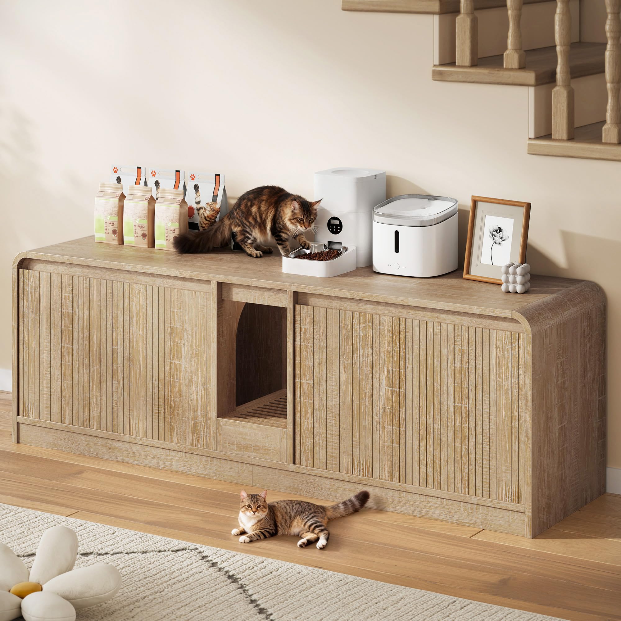 Meowloday Cat Litter Box Enclosure with Litter Collector, 59 Double Litter Box Enclosure for 2 Cats, Hidden Litter Box Furnitu