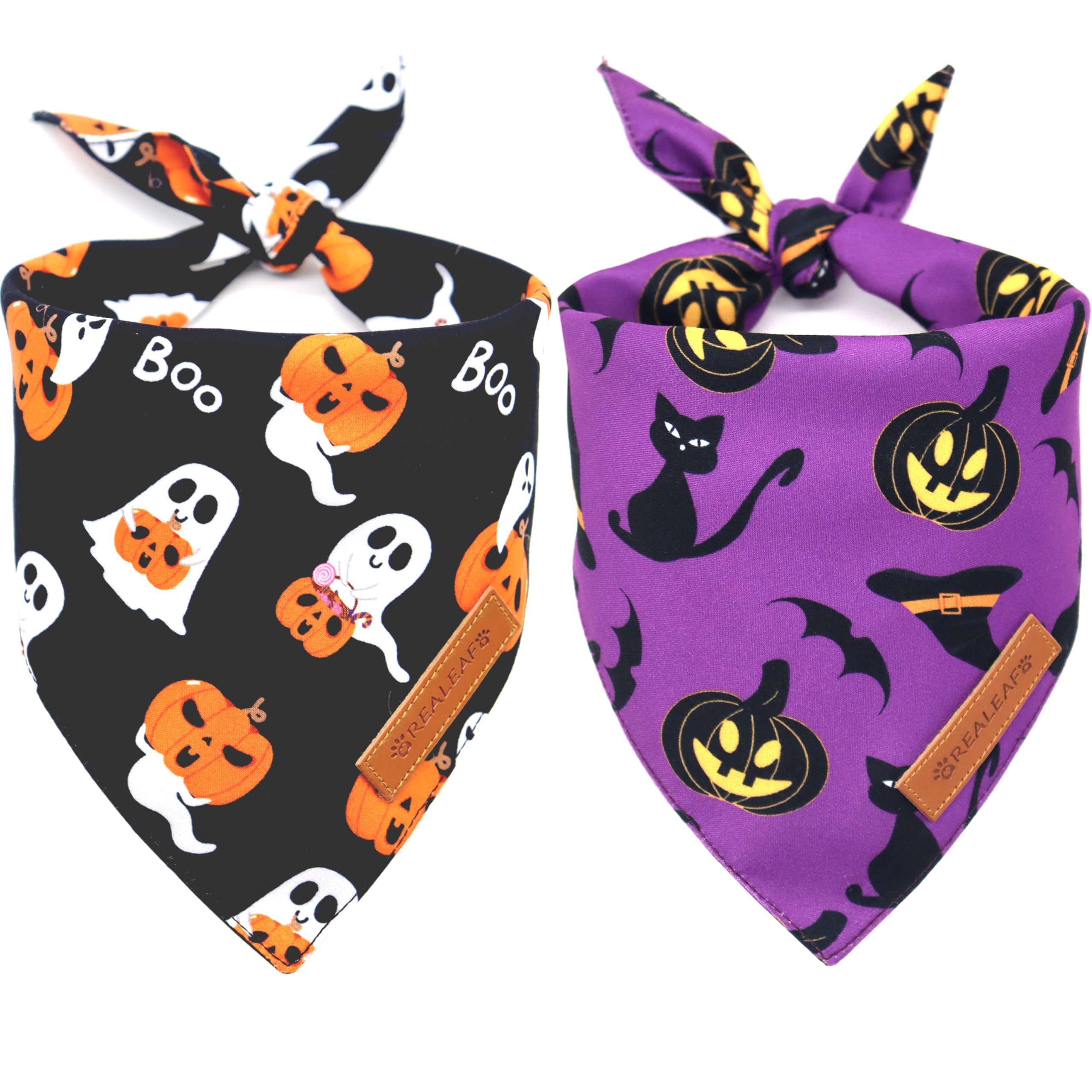 Realeaf Halloween Dog Bandanas 2 Pack, Reversible Orange Pumpkin Pet Scarf For Boy And Girl, Premium Durable Fabric, Holiday Bandana For Small Medium Large And Extra Large Dogs (Large)