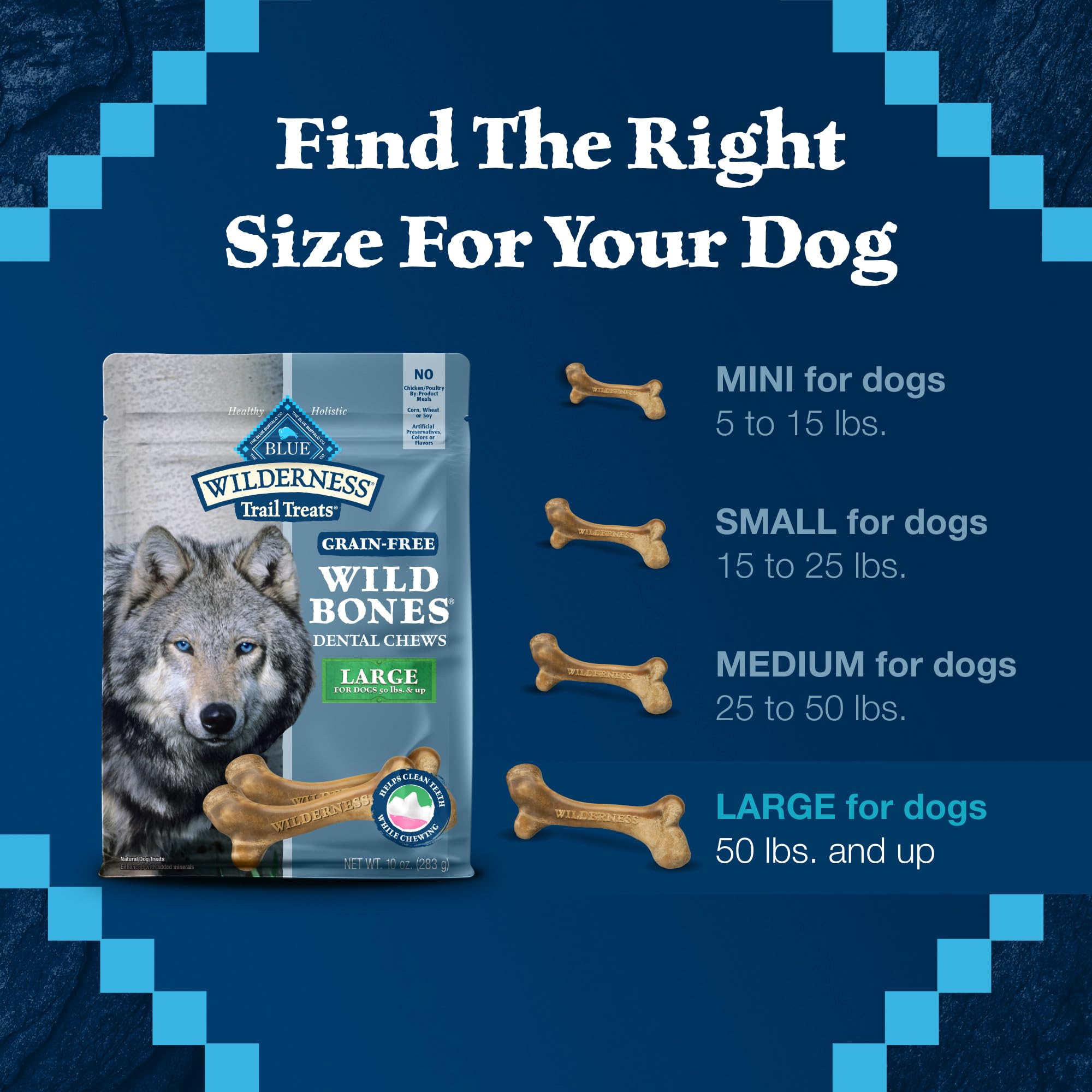 Blue Buffalo Wilderness Trail Treats Wild Bones Large Dental Chews, Grain-Free Dog Bones For Large Dogs Made with Natural Ingred