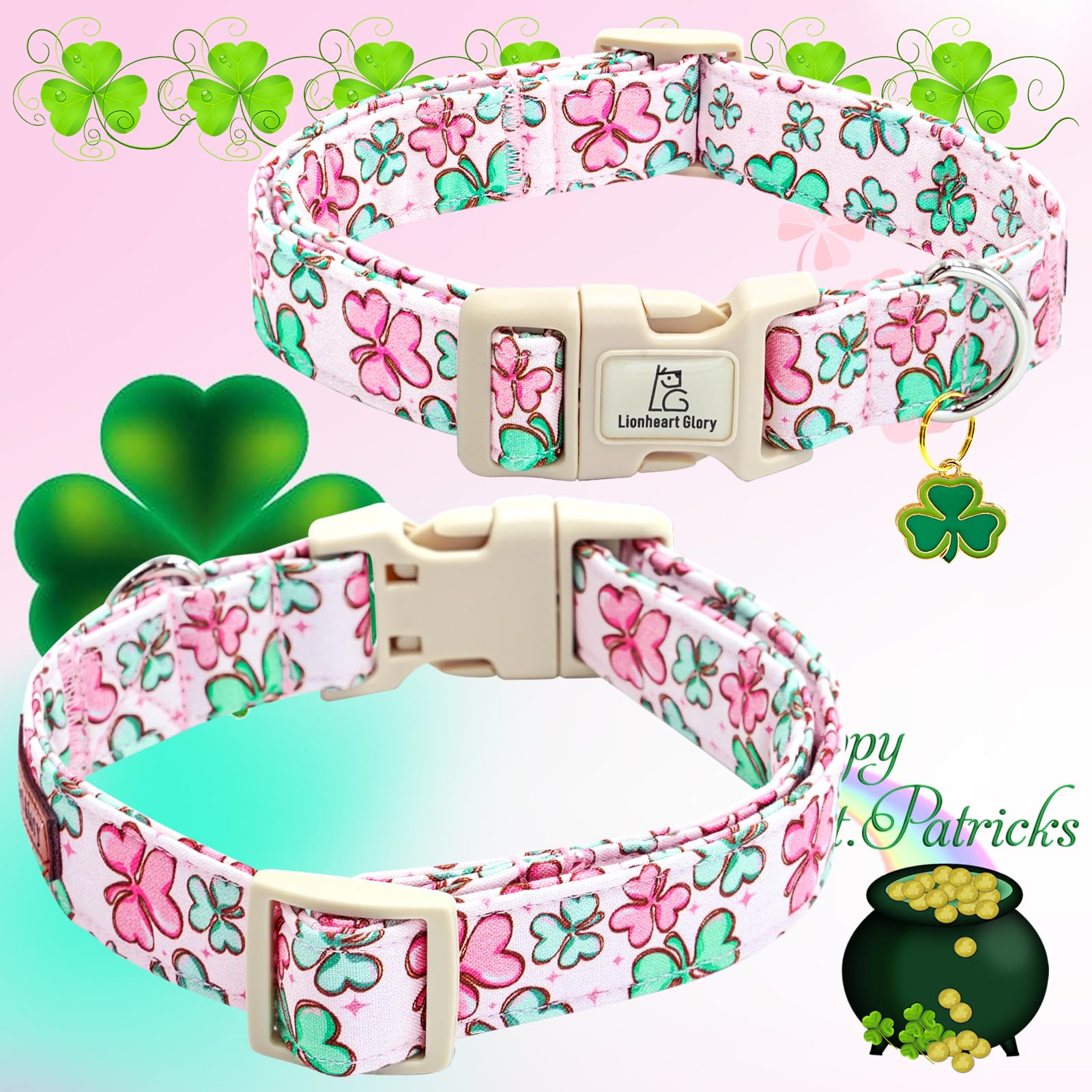 Lionheart Glory St. Patrick Dog Collar, Clover Pink Collar For Small Dogs Spring Female Dog Collars Adjustable Heavy-Duty Puppy