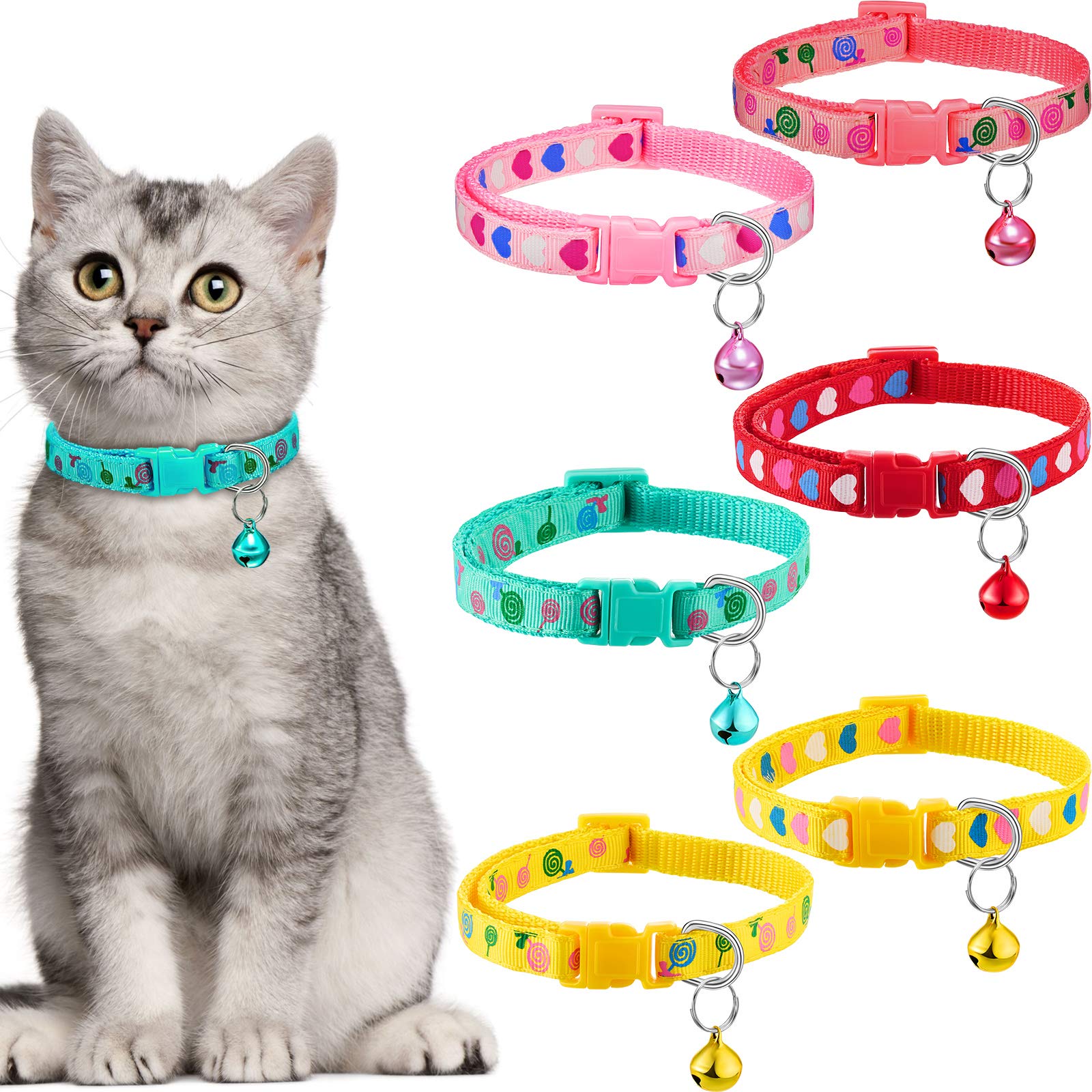Frienda 6 Pieces Cat Collar with Bell Kitten Breakaway Collar Heart Pattern Adjustable Lollipop Spring Summer Design for Girl Bo