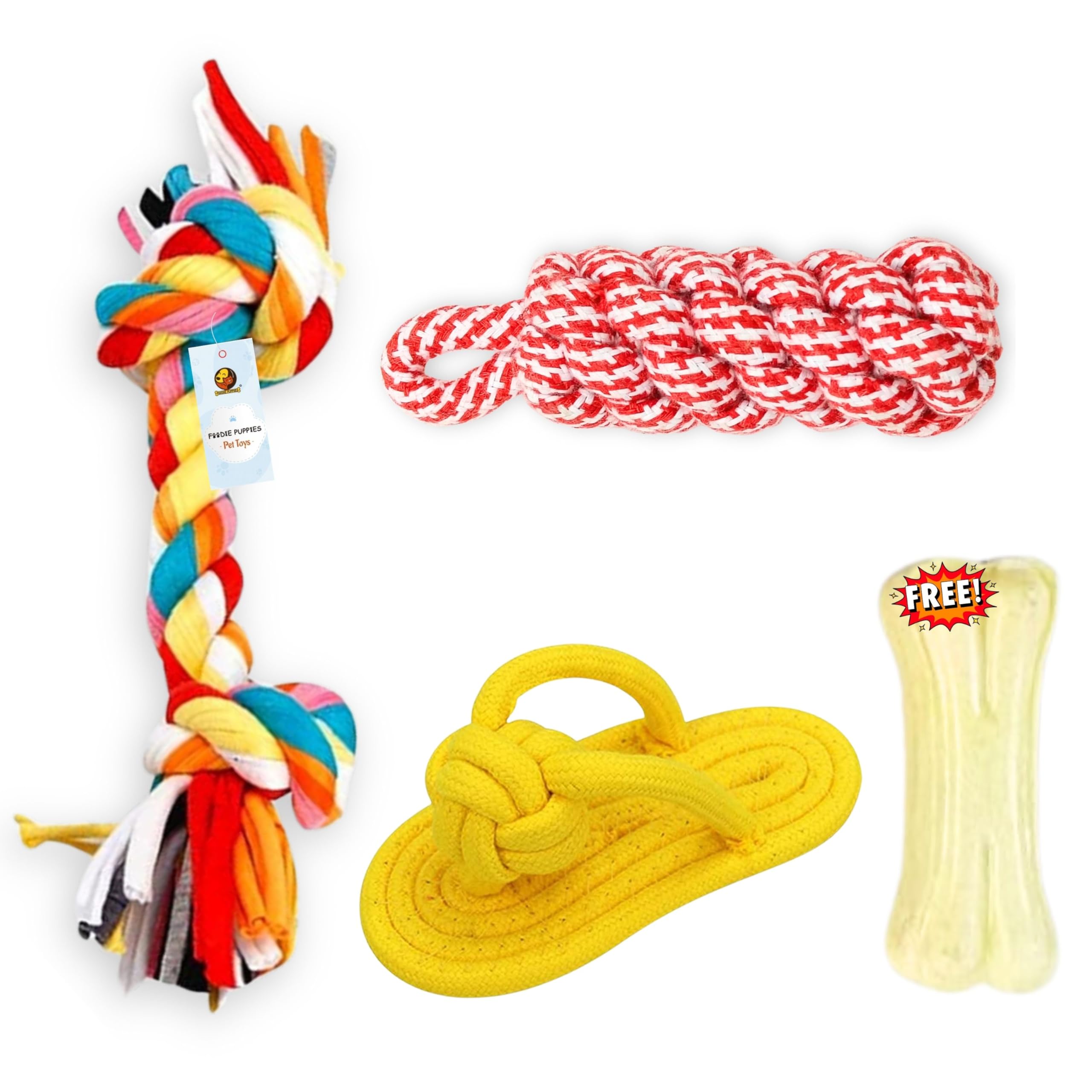 Foodie Puppies 4In1 Dog Chew Cotton Rope Combo Toy For Dogs (2 Knot Rope, Corn Stick, Slipper With Free 3Inch Bone) For Playi