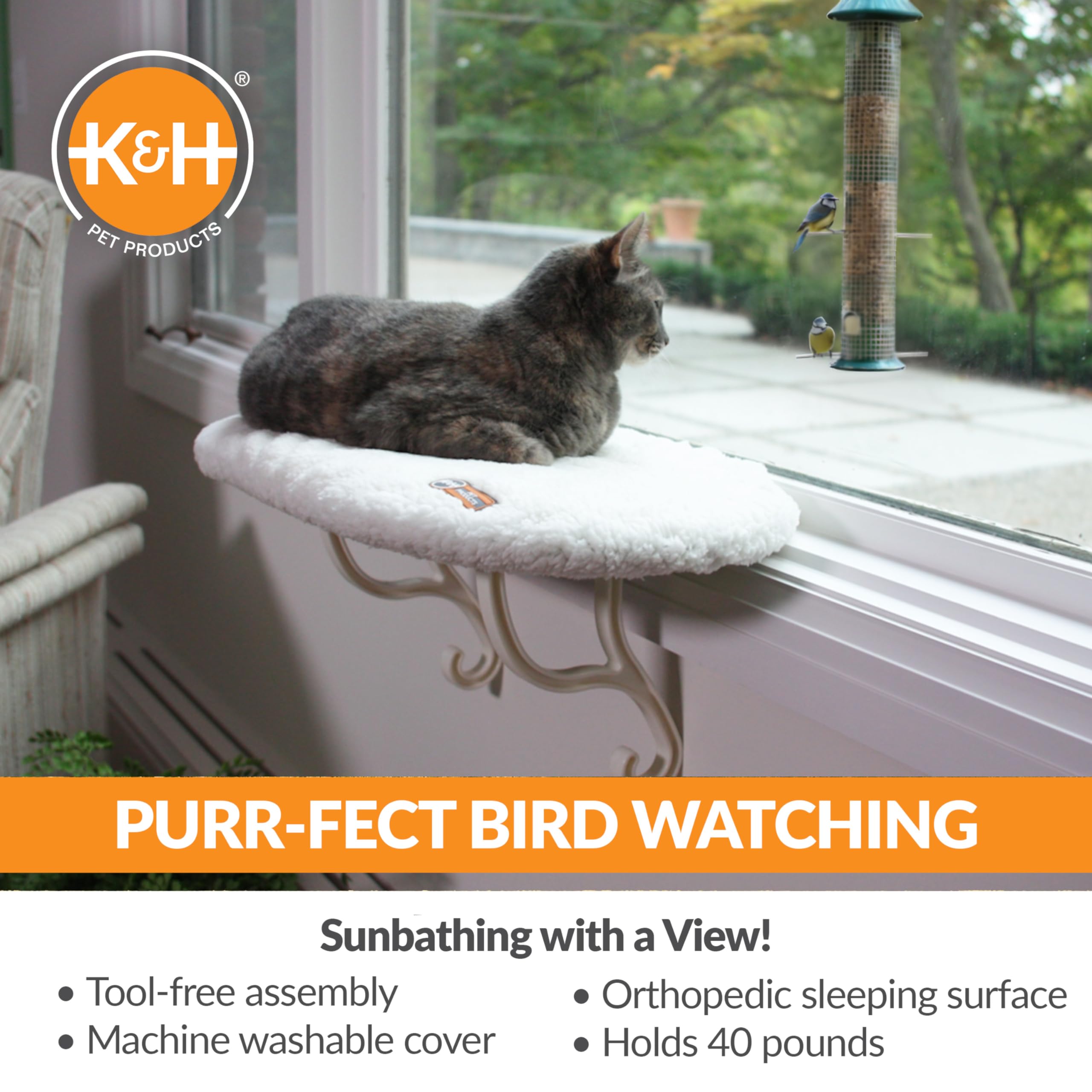 K&H Pet Products Kitty Sill Cat Window Perch for Large Cats, Orthopedic Window Hammock Bed Holds 40LBS, Washable Cover, Kitty Wi