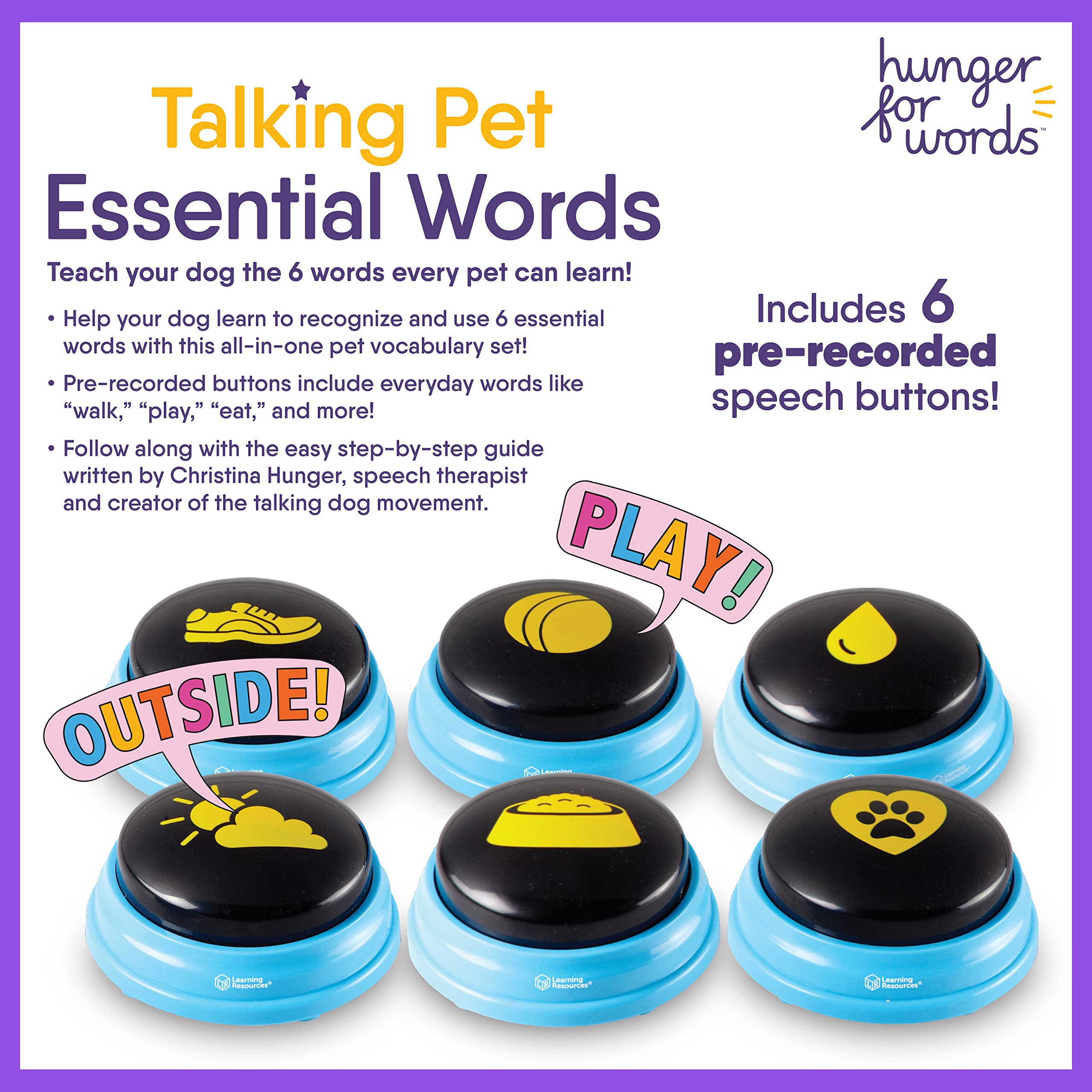 Hunger For Words Talking Pet Essential Words - 6 Piece Set Pre-Recorded Speech Buttons For Dogs, Dog Buttons For Communication