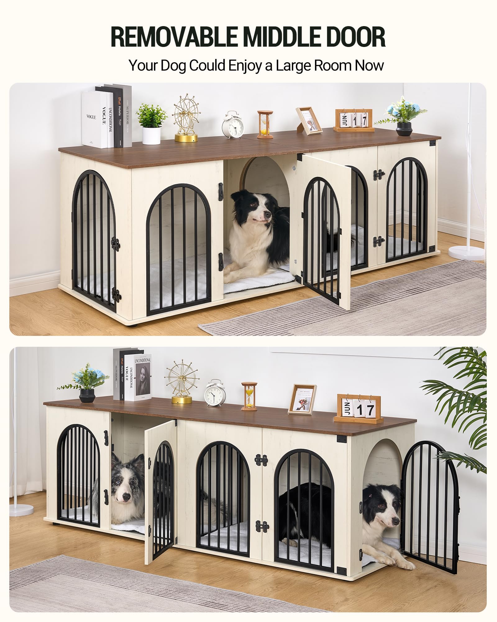 Hzuaneri 71 Dog Crate Furniture for 2 Dogs, Heavy Duty Indoor Dog Kennel TV Stand, XXL Wooden Dog Cage with Divider for Medium L