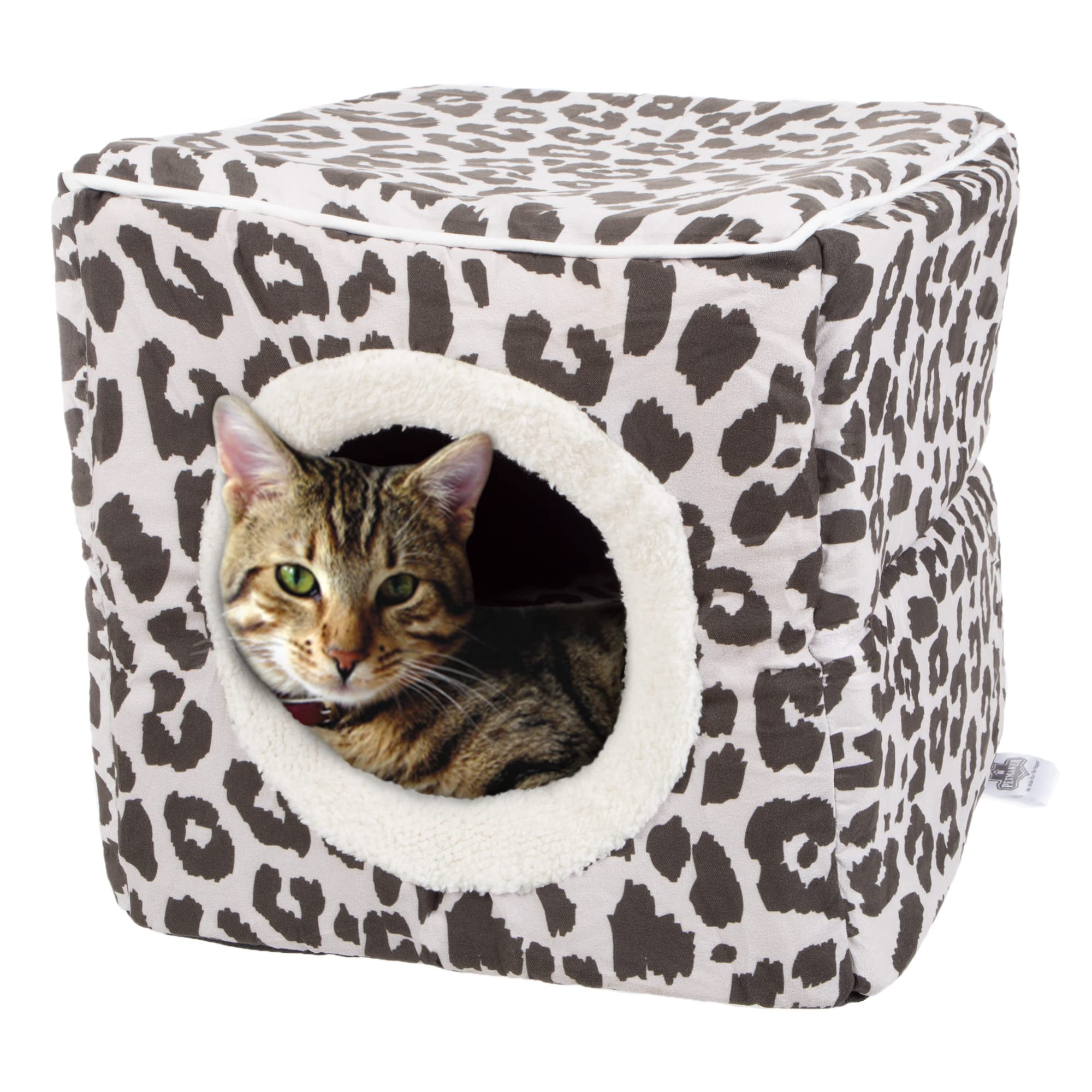Cat Pet Bed Cave- Indoor Enclosed Covered Cavern/House For Cats Kittens And Small Pets With Removable Cushion Pad By Petmaker, Gray/Black Animal Print 13X12X12