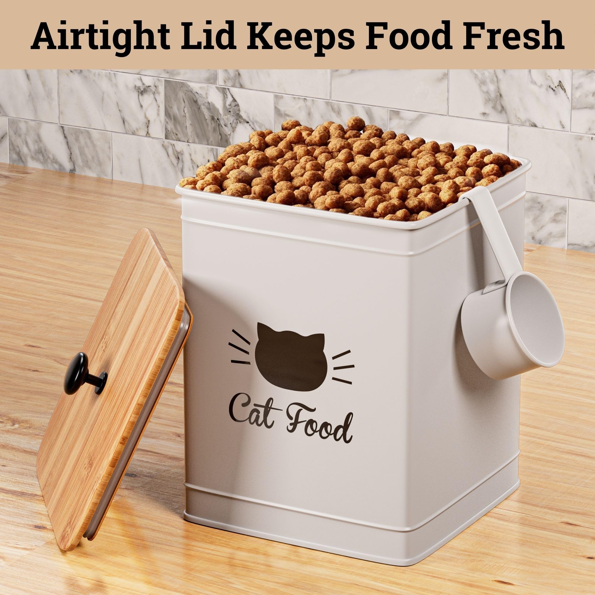 Cat Food Storage Container with Scoop - 5-7 lb (25 Cup) Capacity Metal Cat Food Container with Airtight Bamboo Lid and Metal Sco