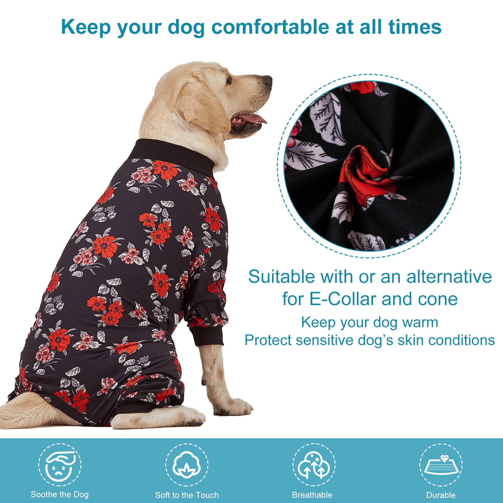 Lovinpet Pet Pajamas For Large Dogs - Floral Navy And Coral Print Dog Jammies, Lightweight Stretchy Knit Big Dog Pullover, Large Dog Onesie, Pet Pj'S /3Xl