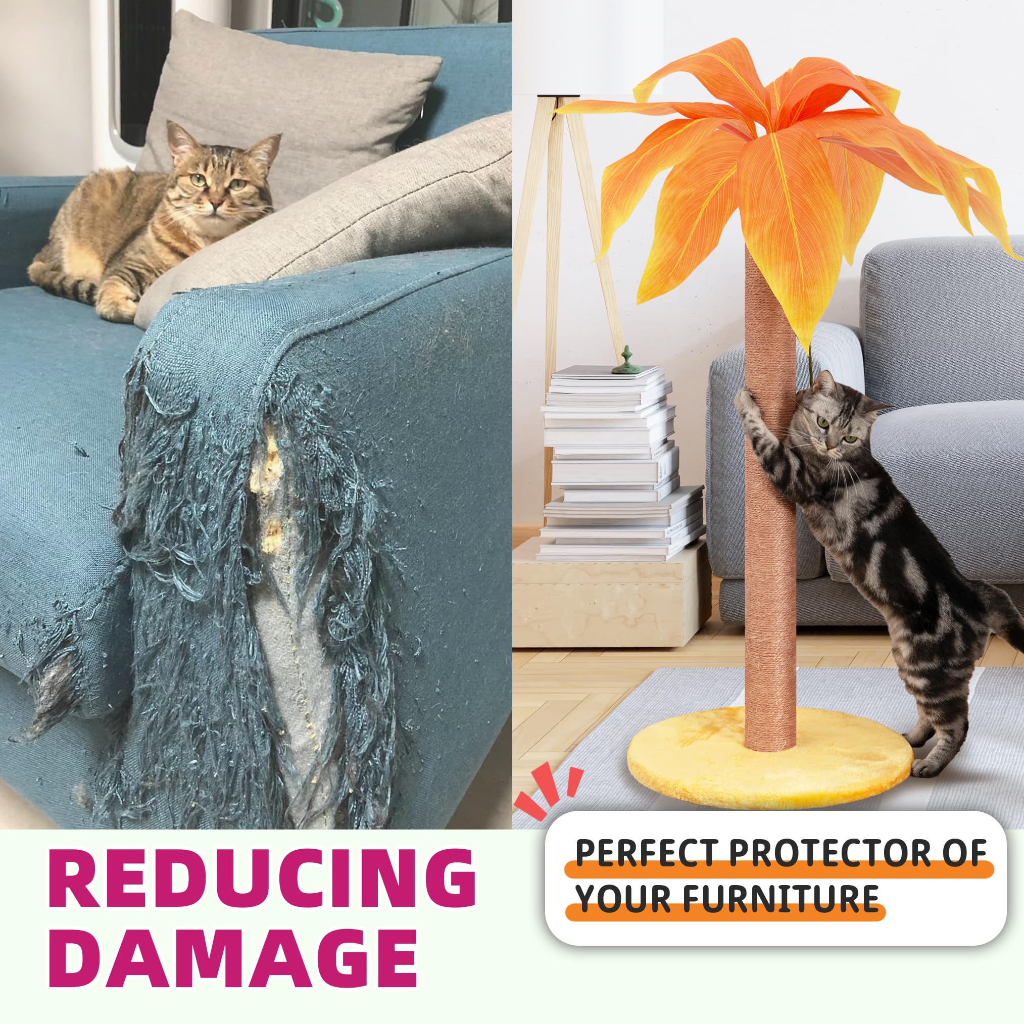 Scratching Post 33 Inch Tall For Indoor Cats With Sisal Rope, Scratcher For Cute Kitten, Yellow