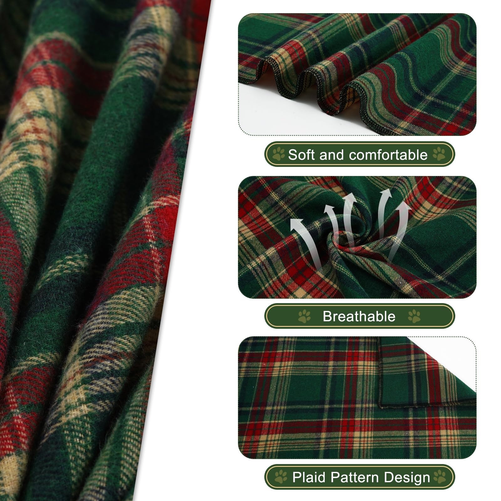 E-Clover Dog Bandana & Matching Scrunchie - Green Red Plaid Pet Scarf, Cute Costumes Accessories For Small Medium Large Dogs
