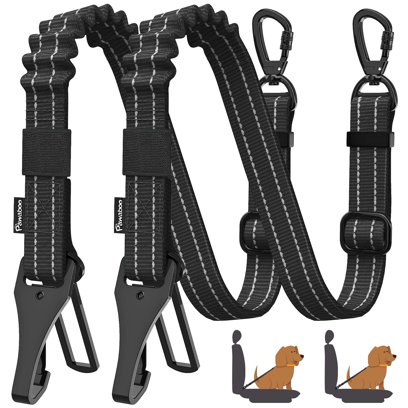 Pawaboo 2Pack Dog Seatbelt for Car, 3-in-1 Dog Car Seat Belt Bungee,Shockproof Dogs Tether for Car with Buckle & Hook Latch, Adj