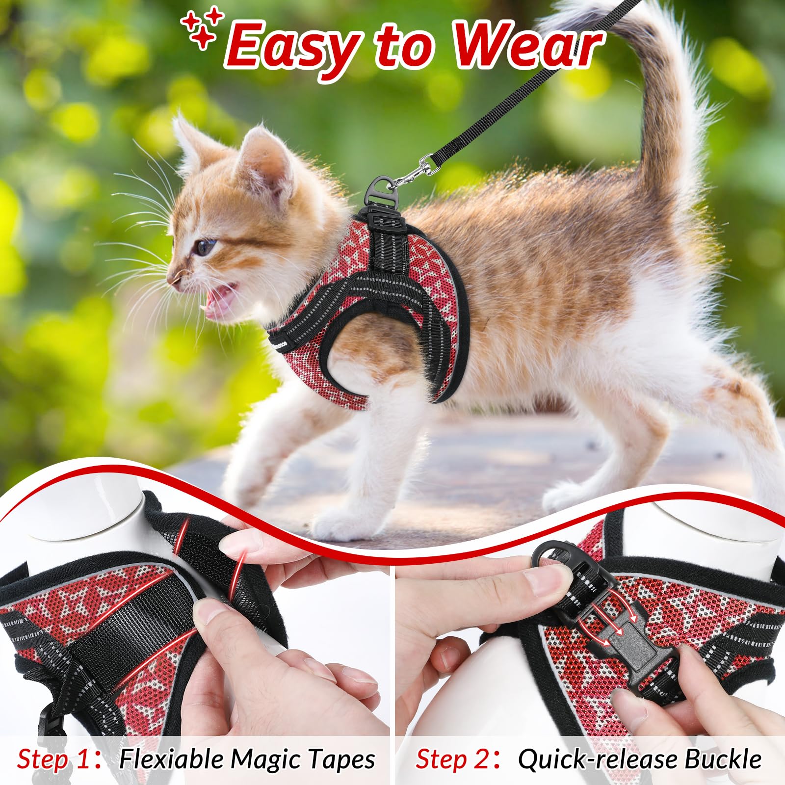 Catromance Cat Harness And Leash Set Escape Proof For Walking, Safe Adjustable Small Large Kitten Vest With Reflective Strip For Kitty, Easy Control Comfortable Soft Outdoor Harnesses, Red, Medium