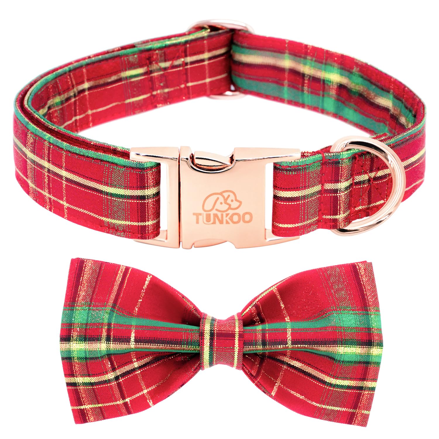 Tunkoo Dog Collar Christmas Shiny Plaid With Bow Tie, Rose Gold Metal Buckle Durable Adjustable Dog Collars - For Small Medium L