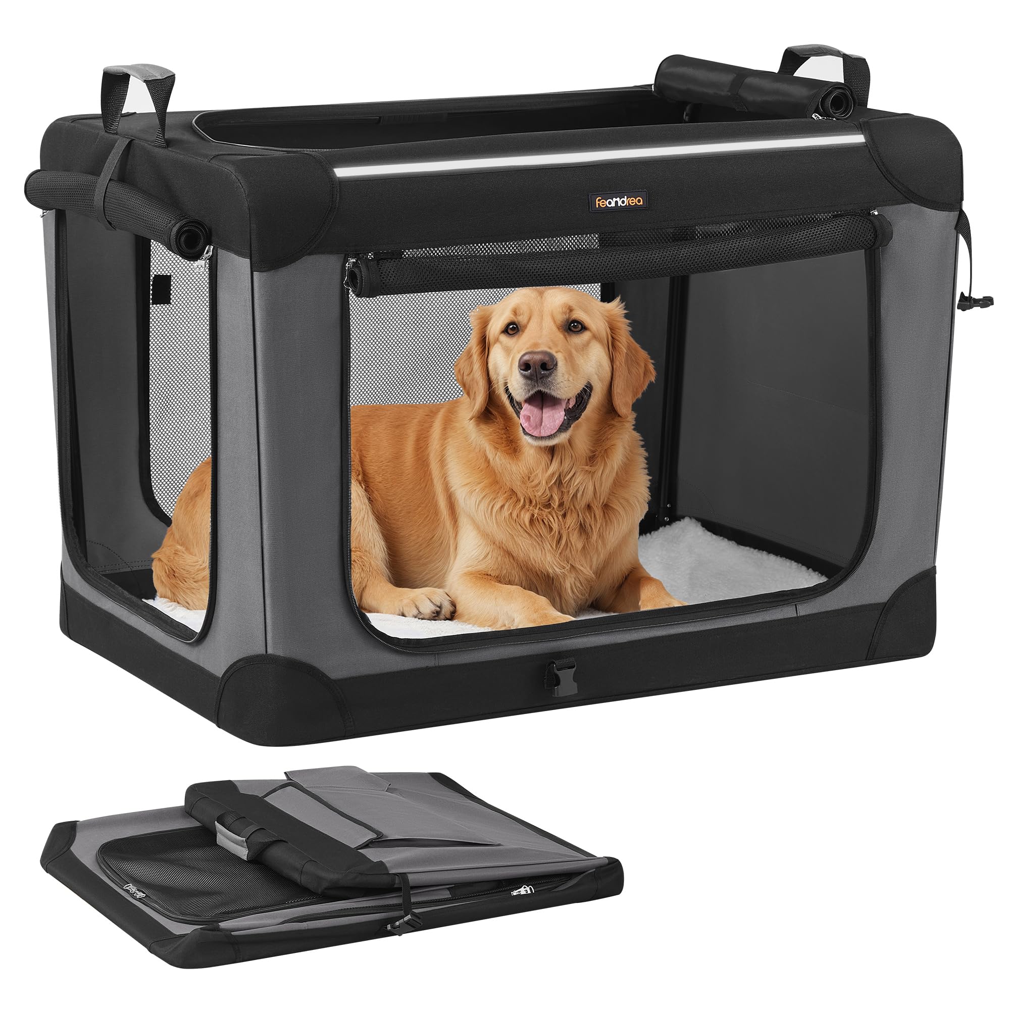Feandrea Collapsible Dog Crate, 36-Inch Portable Dog Travel Crate For Large Dogs, Oxford Fabric Pet Carrier With 4 Mesh Doors, H