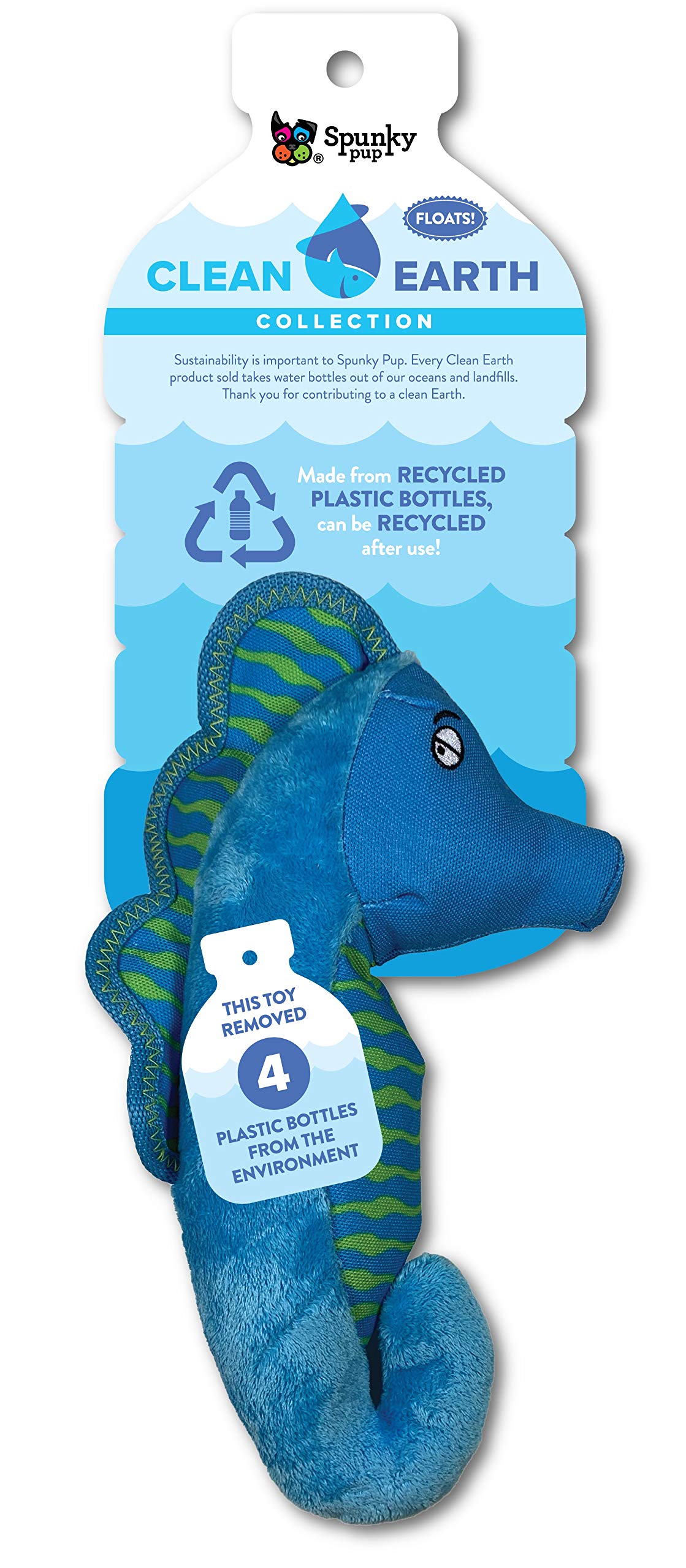 Spunky Pup Clean Earth Recycled Seahorse Dog Toy | Made From 100% Recycled Water Bottles | Eco-Friendly | Squeaker | Plush Toy For Small To Medium Dogs | Made In The Usa